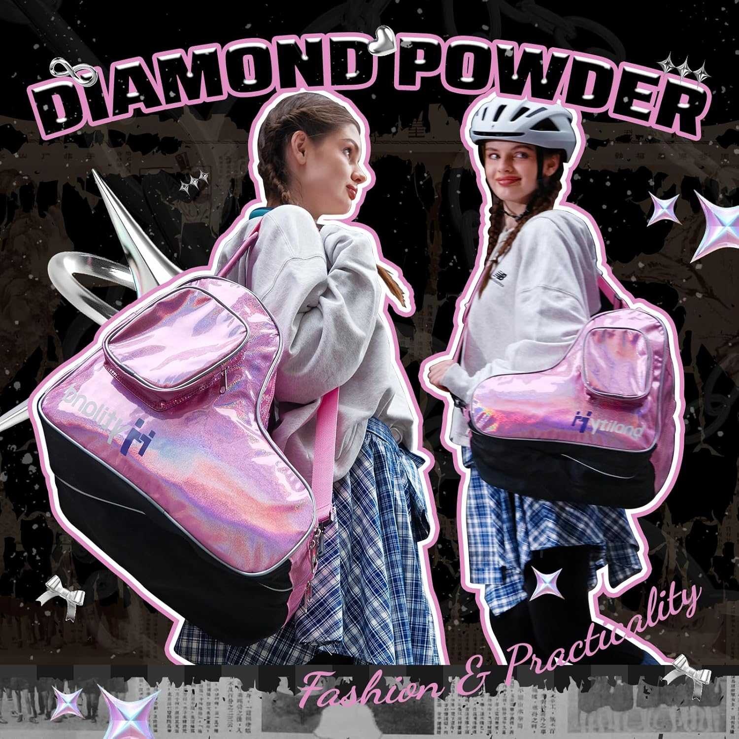 Roller Skate Bag Inline Skates Bag Stylish Plain Holographic Fashion Model Spacious Big Capacity Ice Skate Bag Breathable Mesh Waterproof & Durable Figure Skating Bag for Women and Youth - Silver image number 2