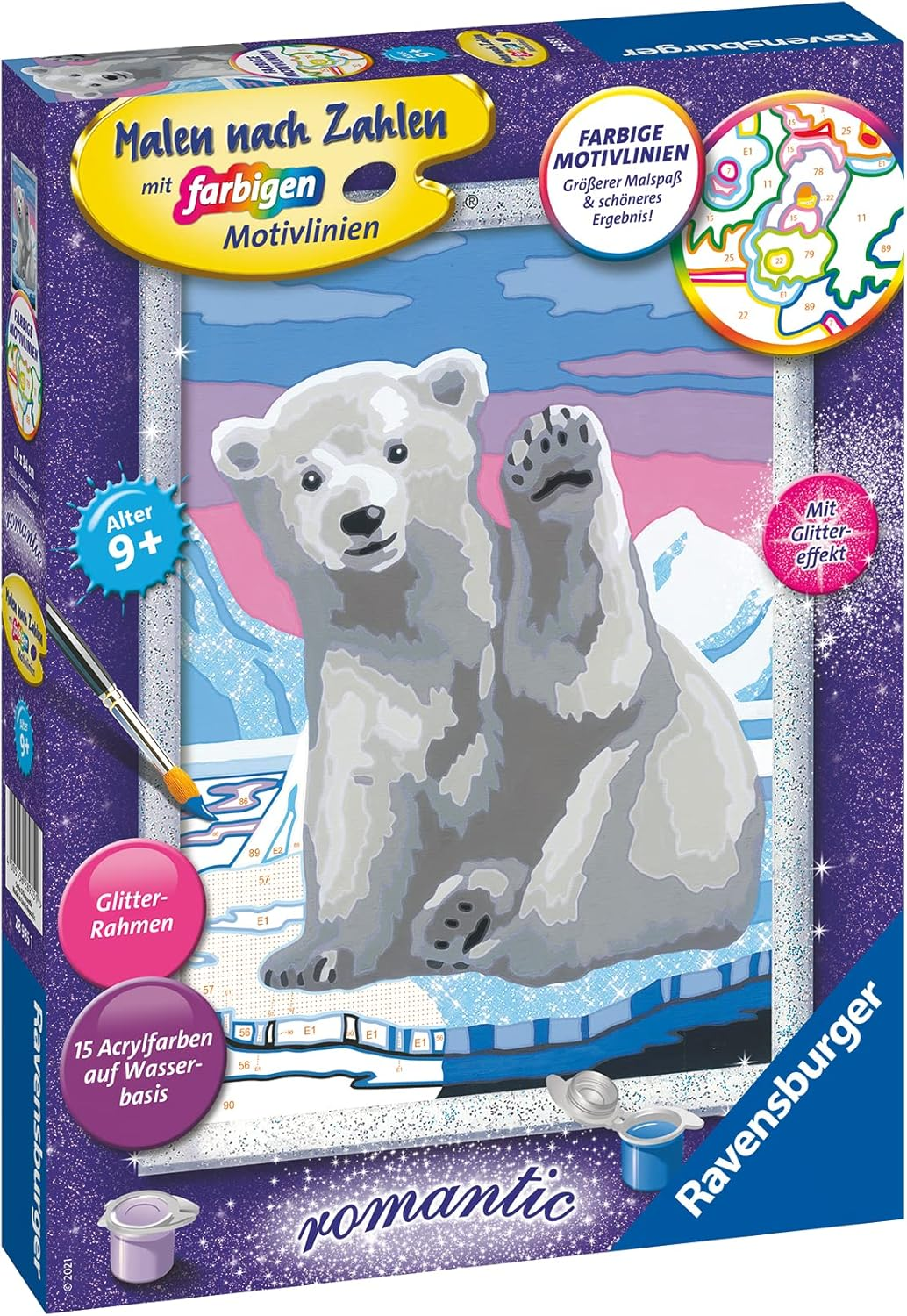 Ravensburger Malen Nach Zahlen 28985 - Hallo, Kleiner Eisb&auml;r! - Kinder Ab 9 Jahren: Mit Glitzer Zum Verzieren!