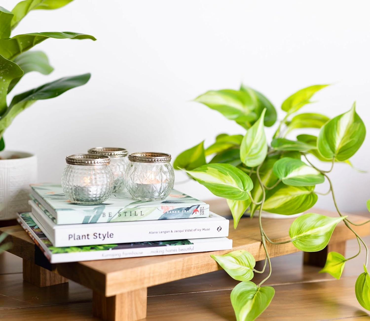 Kurrajong Farmhouse Artificial Trailing Ivy Plant with White Ceramic Pot | Light Green Faux Ivy Plant with White Pot | Stunning Fake Plant in 5" Wide White Matte Ceramic Pot image number 5