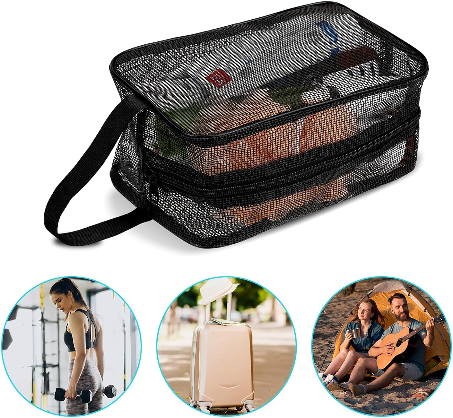 Black Mesh Shower Caddy Toiletry Bag, Portable Zippered Shower Bag with Handle for Bathroom & Dorm Room - Black image number 2