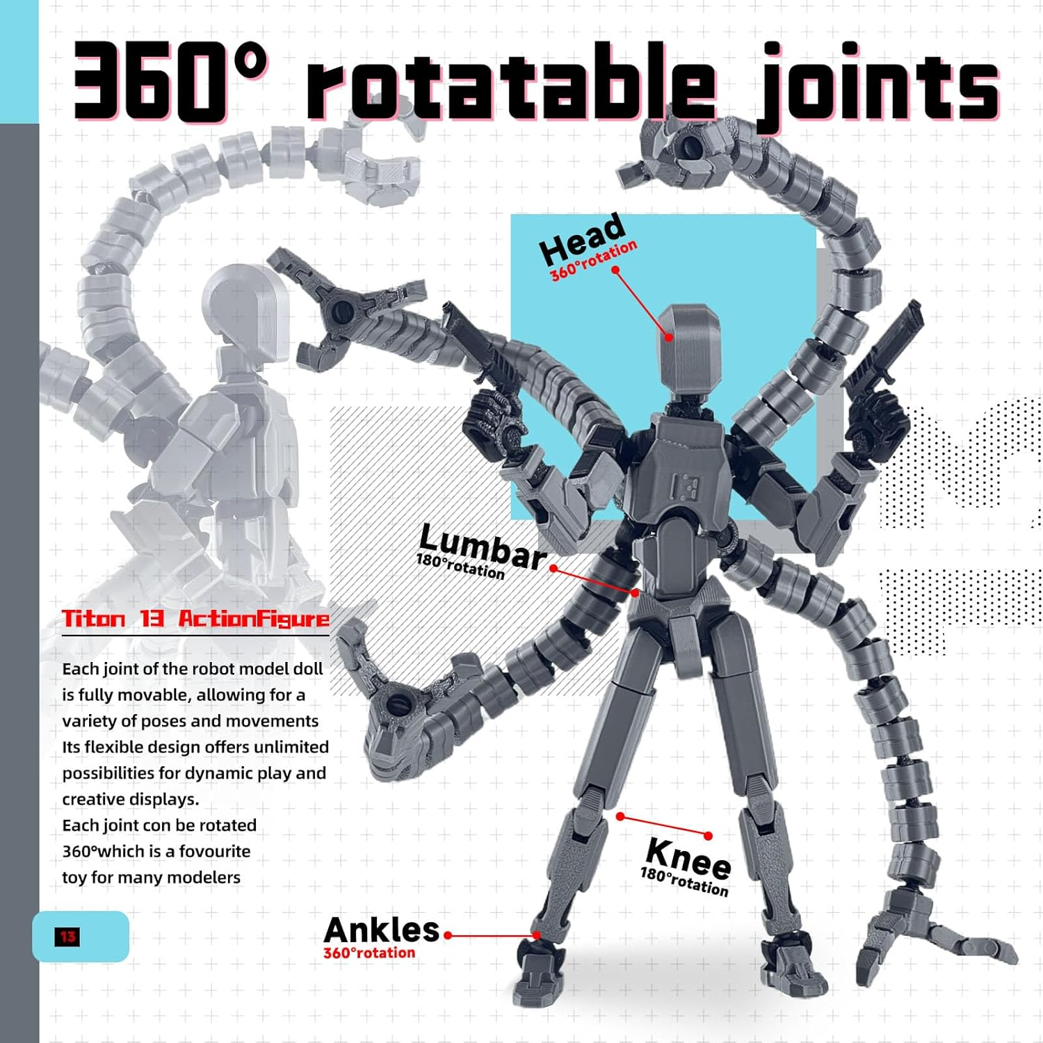 Assembly Completed T13 Action Figure,Dummy 13 T 13 Action Figure Multi-Jointed Movable,Ultimate Desktop Decor for Lovers T-13 Movability 3D Printed Toys (Black)