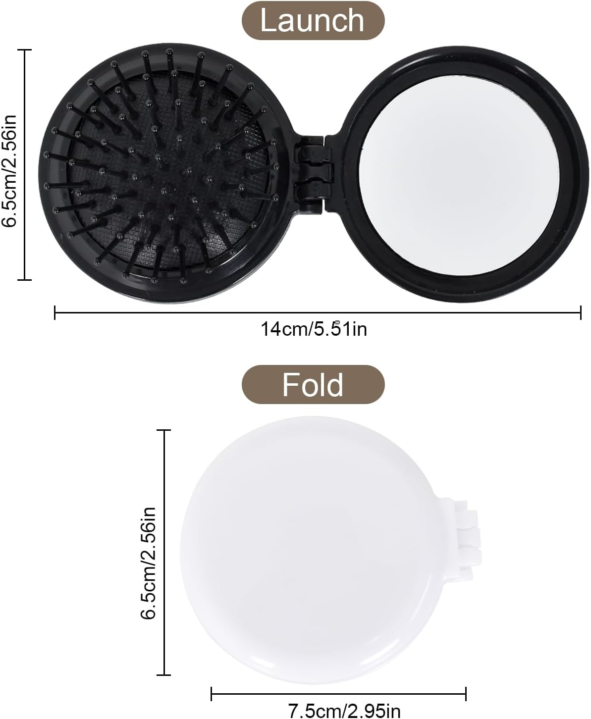 Pack of 2 Foldable Hair Brushes with Mirror, Foldable Hair Brushes with Travel Mirror, Round, Portable Bag, Hair Brush, Mini Hair Comb, Hair Massage Comb for Men, Women and Girls, Black + White image number 6