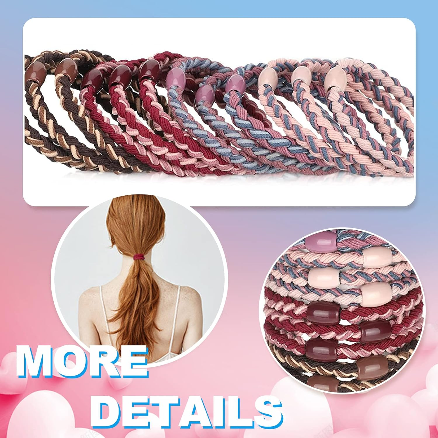 Pack of 24 Braided Hair Bobbles Cotton Hair Bobbles Multicoloured Braided Hair Bands Fashion Braided Elastic Hair Bobbles for Women/Girls/Children, Thick and Curly Hair (Mixed Colours) image number 4