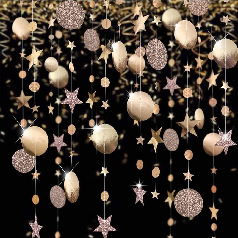 Gold Party Decoration Gold Star Circle Dot Hanging Garland Gold Hanging Streamer Decorations Glitter Star Bunting Banner Twinkle Backdrop for Wedding Anniversary Baby Shower Birthday Christmas