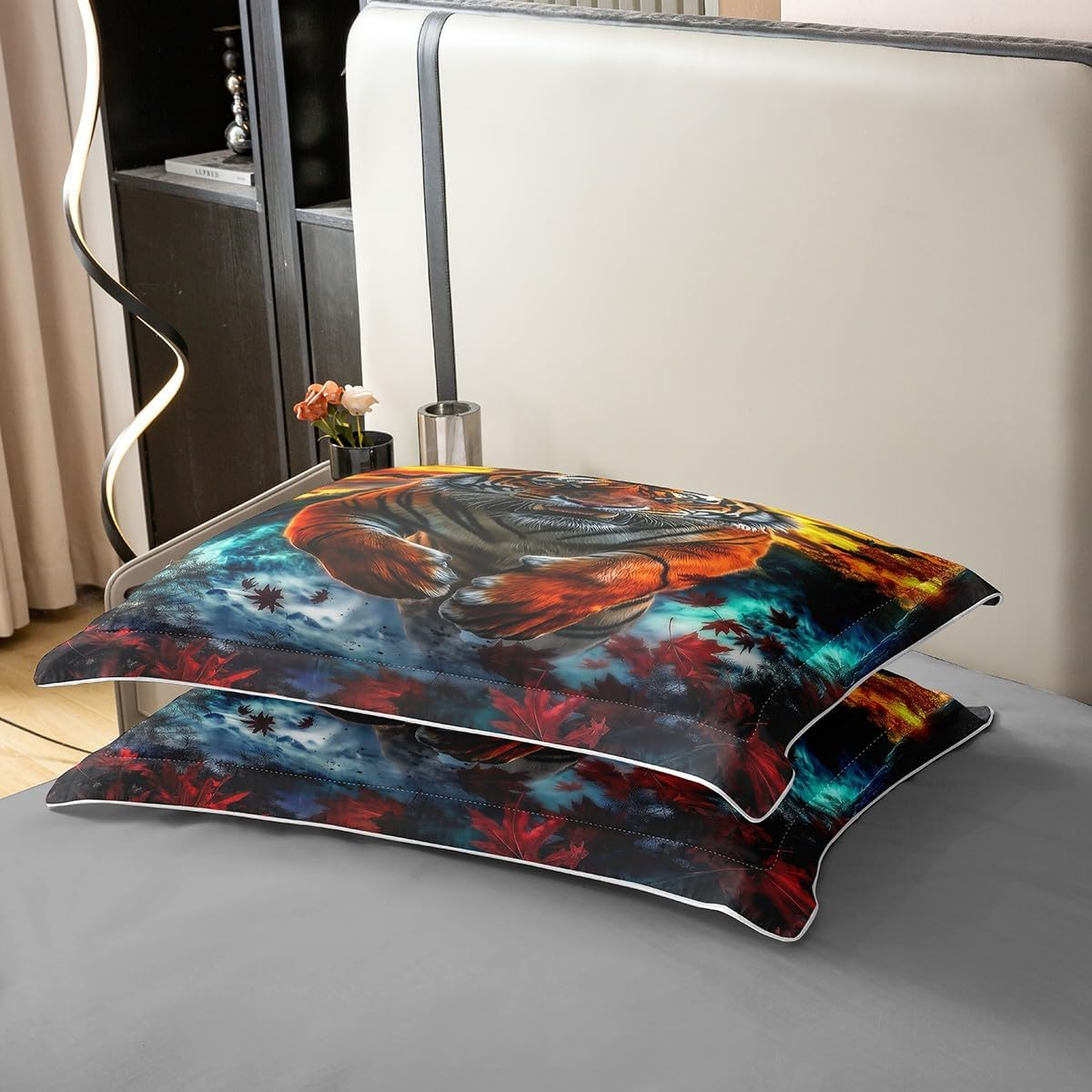 Tiger 100% Cotton Duvet Cover, Wild Animal Tiger Bed Linen Set, 155 X 220 Cm, Wild Animal Print Comforter Cover, Western Farm Red Maple Leaves Room Decor with 1 Pillowcase, Blue Orange Bed Set image number 4