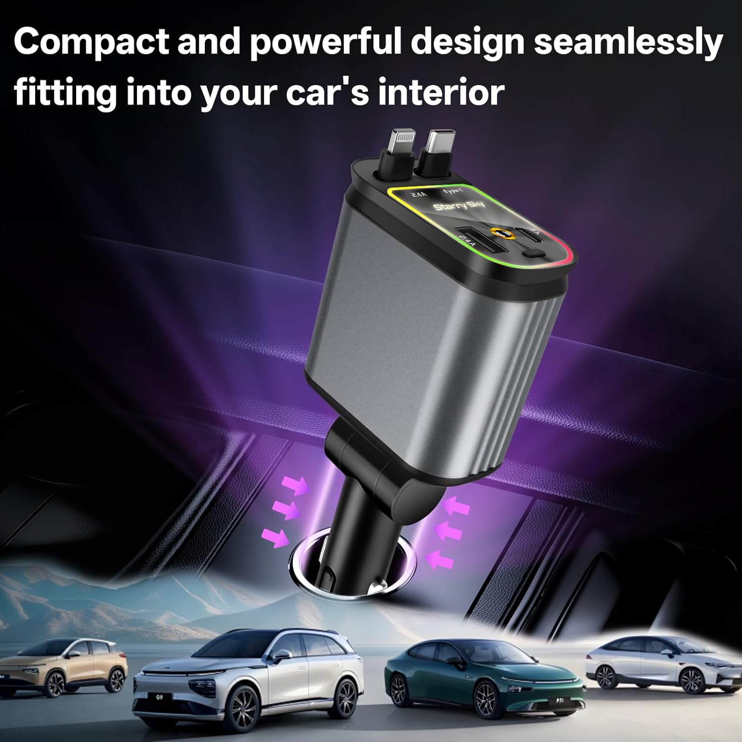 4 in 1 Retractable Car Charger Starlight Compatible with Iphone 16/15/14/13/12/11,Galaxy,Pixel image number 6
