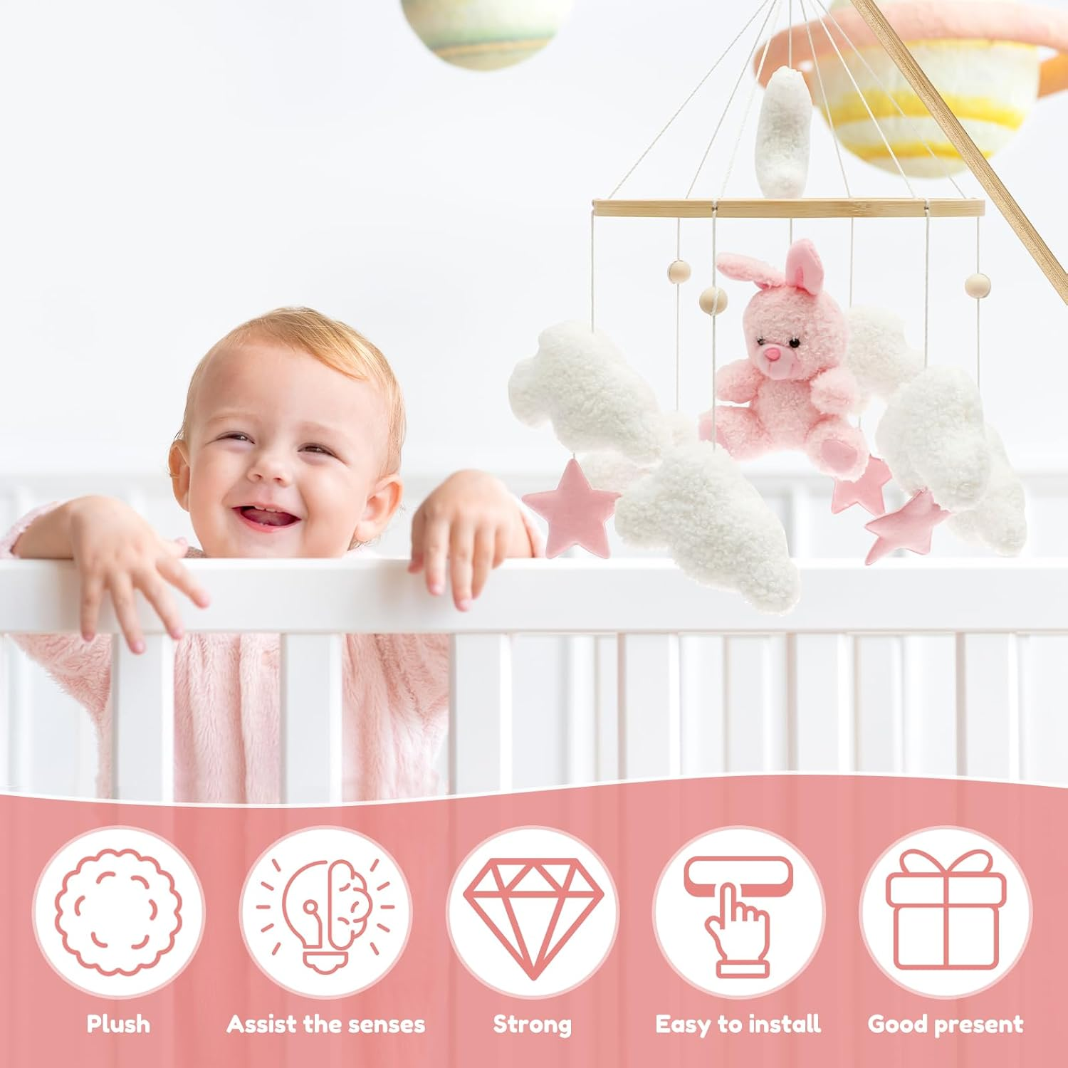Baby Crib Mobile for Boys Girls Bassinet Soft Plush and Wood Nursery Mobile Cute Baby Bed Bell Charming Nursery Decor for Infant Newborn(Pink Rabbit) image number 2