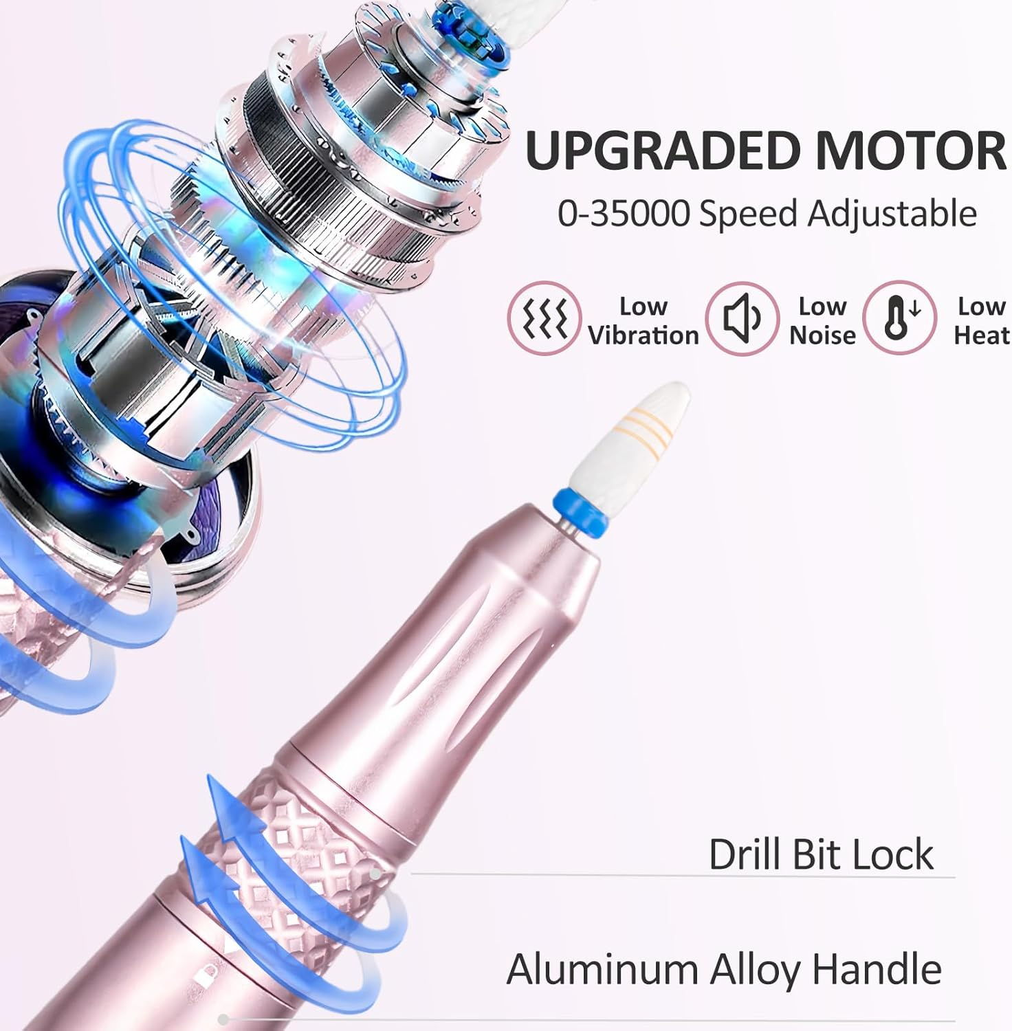 Cordless Nail Drill, Portable Nail File Efile with 12 Bits, LCD Screen & Twist Lock, 35000RPM Low Noise, Professional Nail Drill Kit for Acrylic Nails Gel Polish Manicure Pedicure Salon Quality image number 6