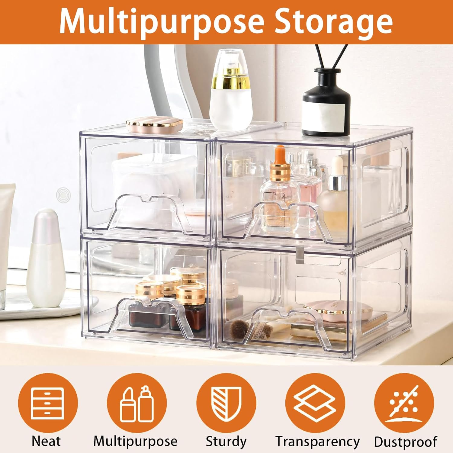 6 Pack Clear Stackable Storage Drawers, 11Cm Tall Acrylic Makeup Organiser, Small Plastic Storage Bins for Vanity, Pantry, Desk, Undersink, Kitchen Cabinets, Bathroom image number 4
