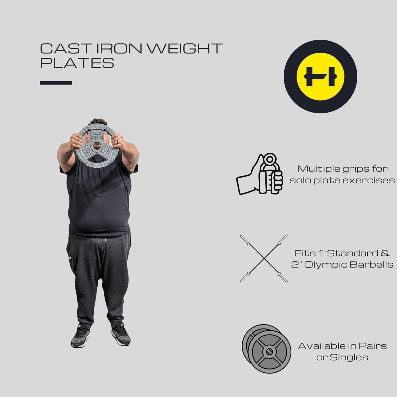 Hulkfit 1 Inch and 2 Inch Cast Iron Weight Plate with Multi-Grip Handles and Enamel Coated for Barbells & Plate Only Strength Training - Grey image number 5