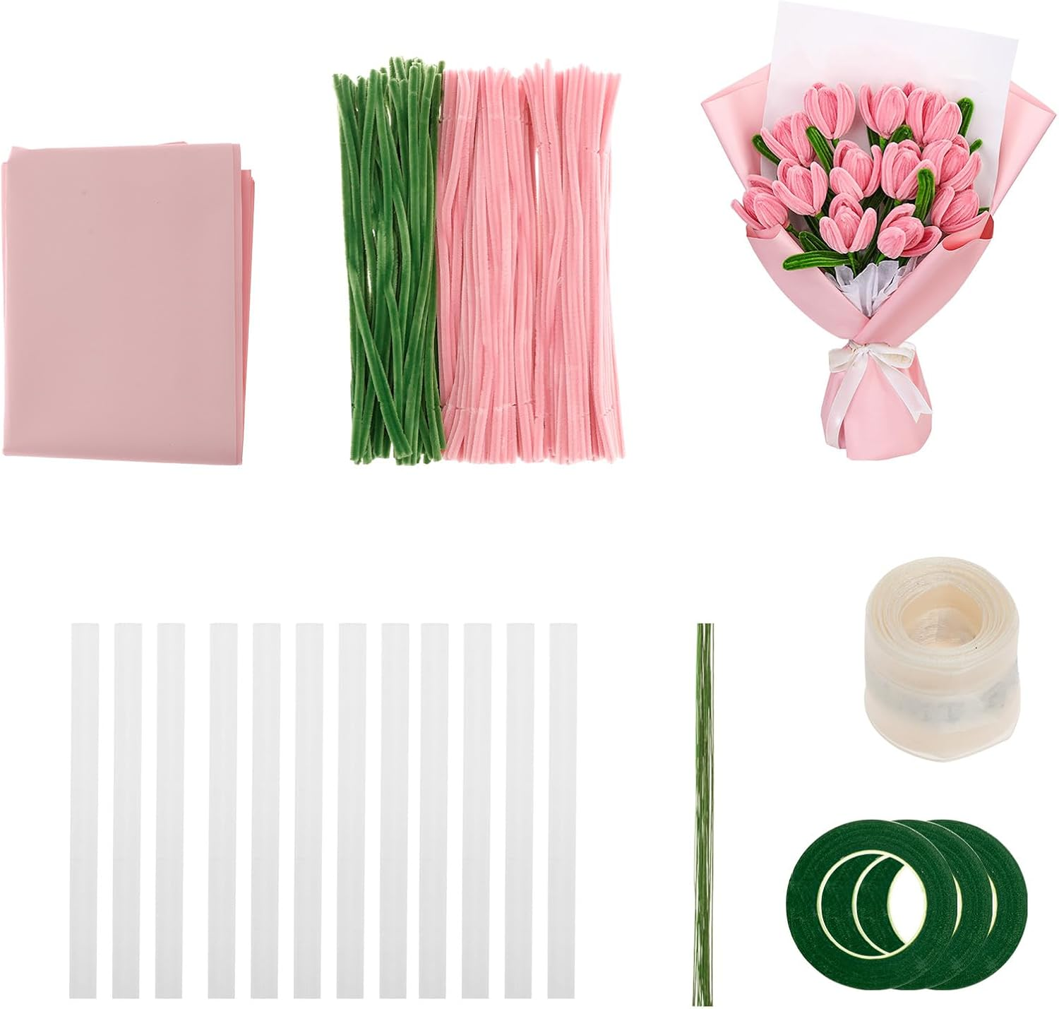 Fwqofvk Pipe Cleaner, Twisted Stick Bouquet with Tubular Cotton Swab Flower Stalk Gardening Tape Ribbon Creative DIY Kit, for DIY Art and Craft Creative Gift Party Decorations 30Cm (Purple)