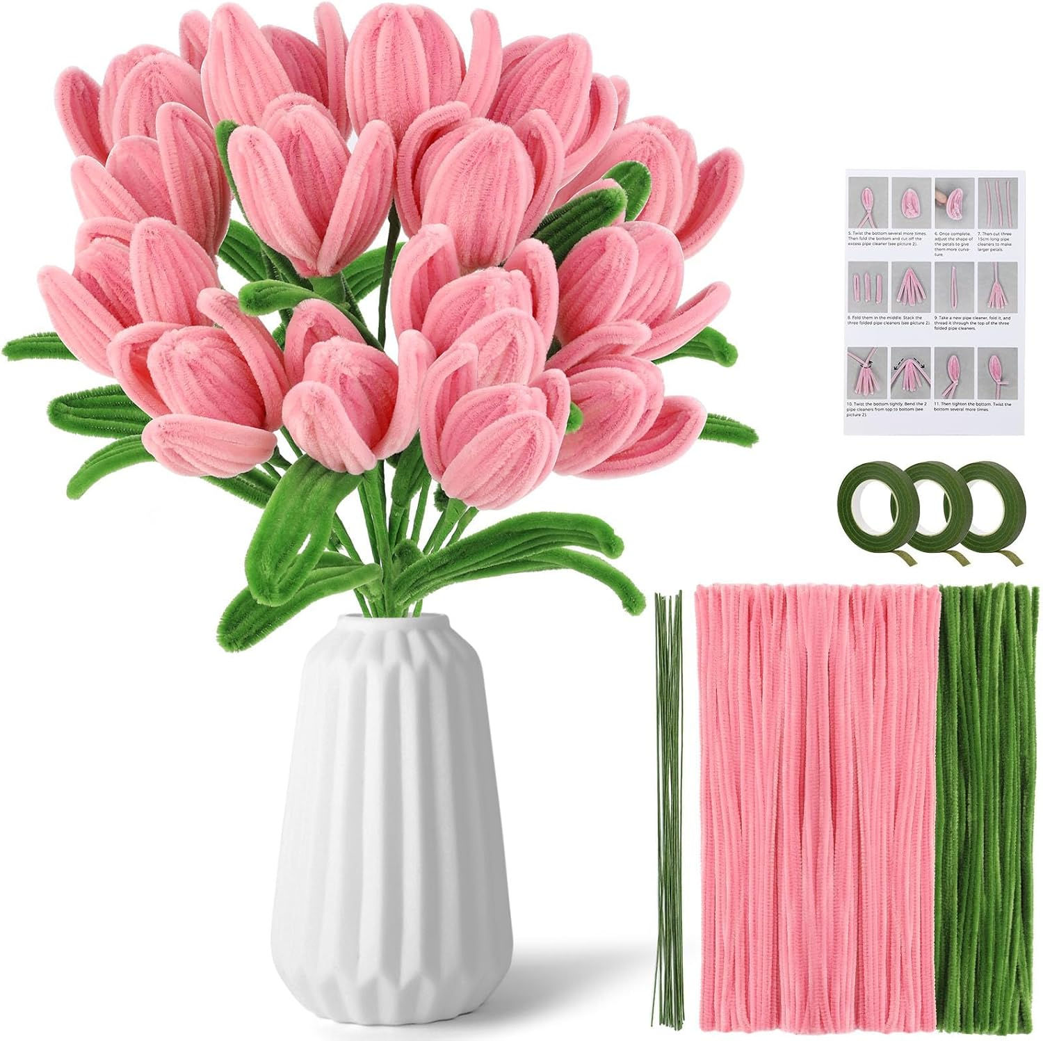 Pink Pipe Cleaner Flower Kit Pipe Cleaner Flowers Pipe Cleaners Bulk Green Pipe Cleaners Chenille Stems Set with Floral Wire Instructions for DIY Art and Craft Projects Creative(15 Flowers) image number 1