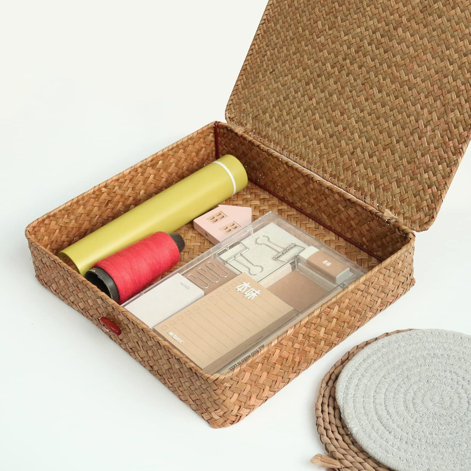 FEILANDUO Shelf Baskets with Lids Wicker Storage Baskets for Shelves Organizing Natural Seagrass Rattan Woven Organizer Boxes Boho Home Decor