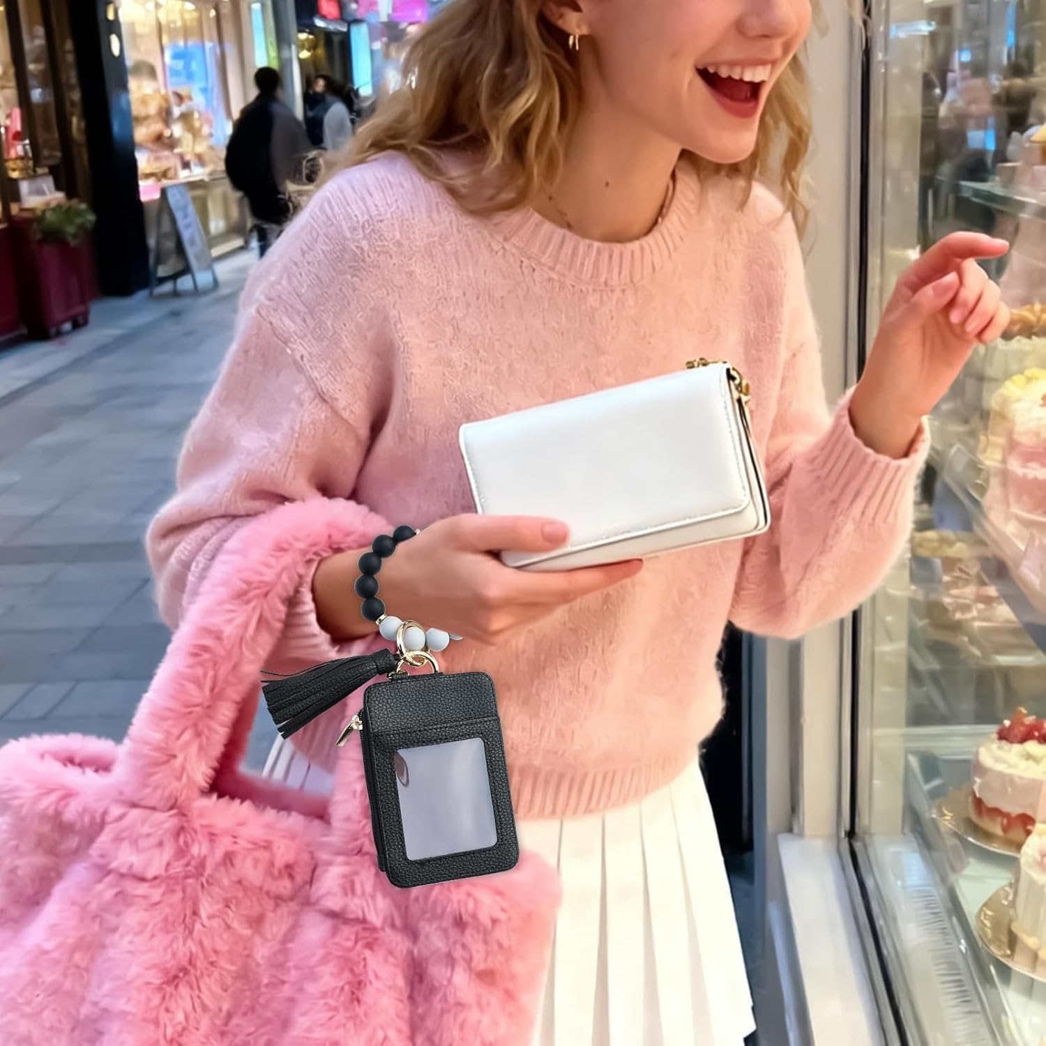 Davivian Key Chain Bracelet Purse - Pearl Tassel Keychain Purse - Card Case for Women | Party Date Birthday Holiday Holiday Shopping Travel, Black, Siehe Beschreibung, See Description - Khaki image number 7