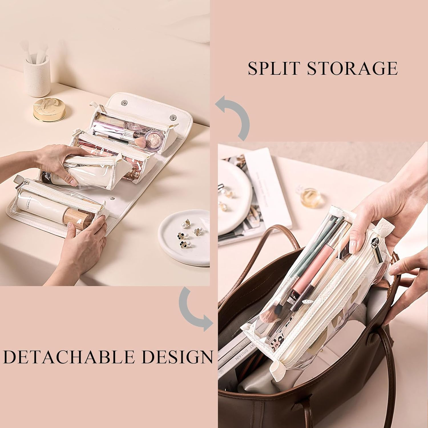 Zaciea Portable Travel Makeup Bag for Women, Foldable Cosmetic Toiletry Bag with Detachable Inner Pockets (Gray) - Black image number 4