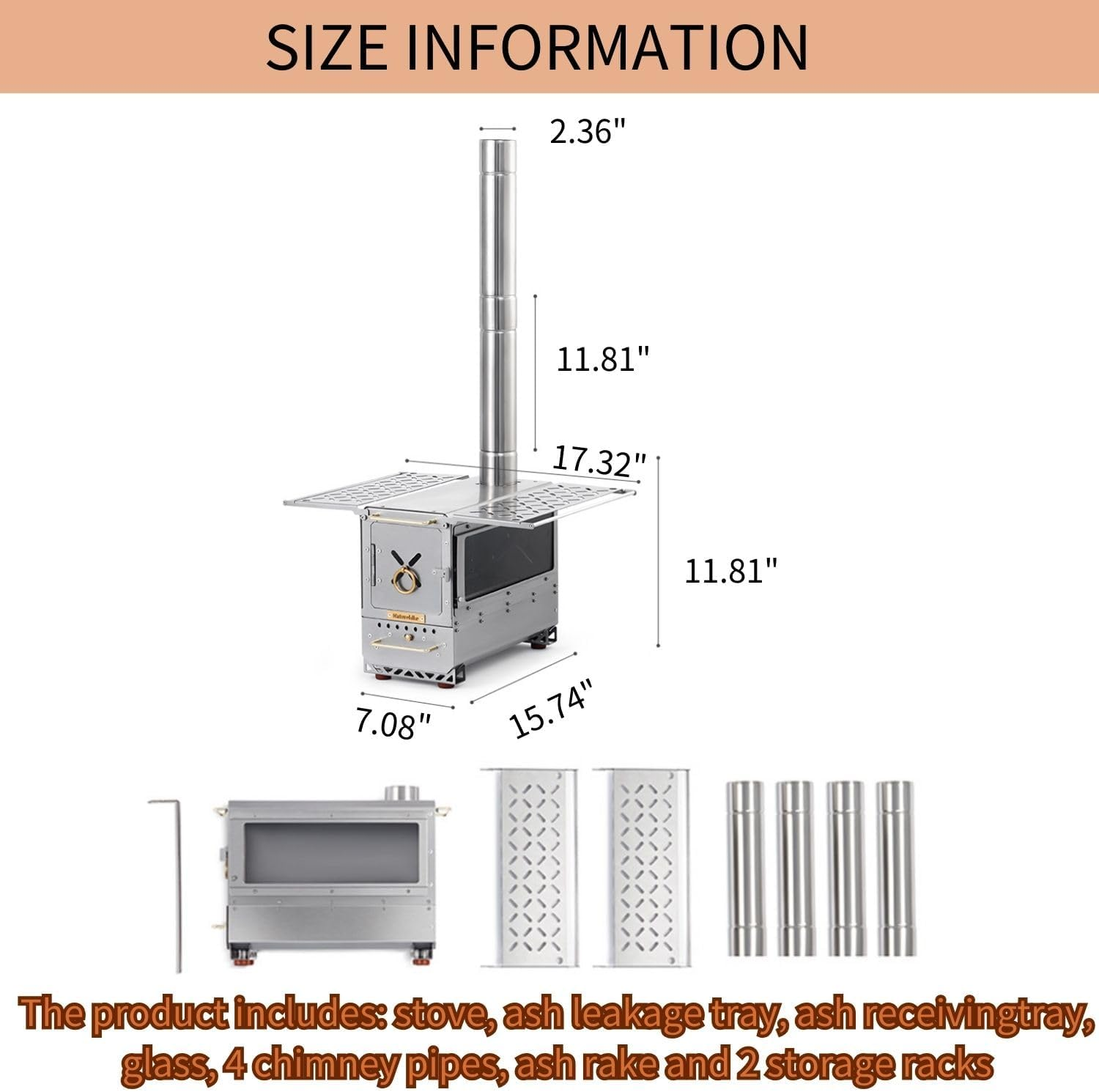 Naturehike 201 Stainless Steel Portable Outdoor Wood Burning Stove, 17.85Lbs Heater Burner with Fireproof Glass Window, Outdoor Camping Stove Oven for Back Packing, Fishing, Hiking, Picnic BBQ, Gray image number 6