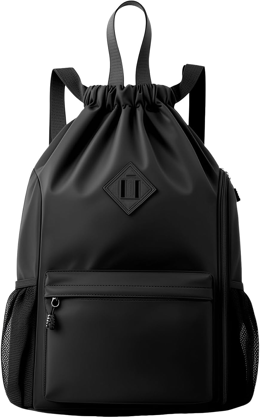 Sonicefit Drawstring Backpack Sports Gym Bag, Water-Resistant String Bag Cinch Bag with Shoe Compartment & Side Pockets for Adults Kids, Lightweight Sackpack for Yoga Beach Swimming Travel
