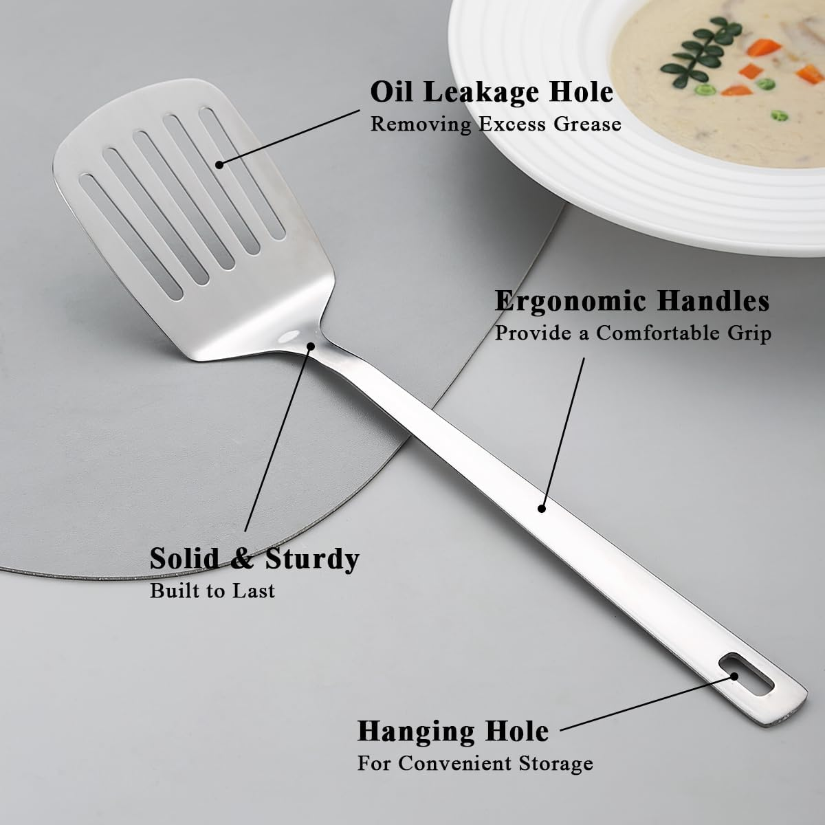 Kyraton Stainless Steel Spatulas Set, Silver Slotted Turner, Solid Turner, Kitchen Spatulas for Nonstick Cookware, Dishwasher Safe, Easy to Clean image number 4