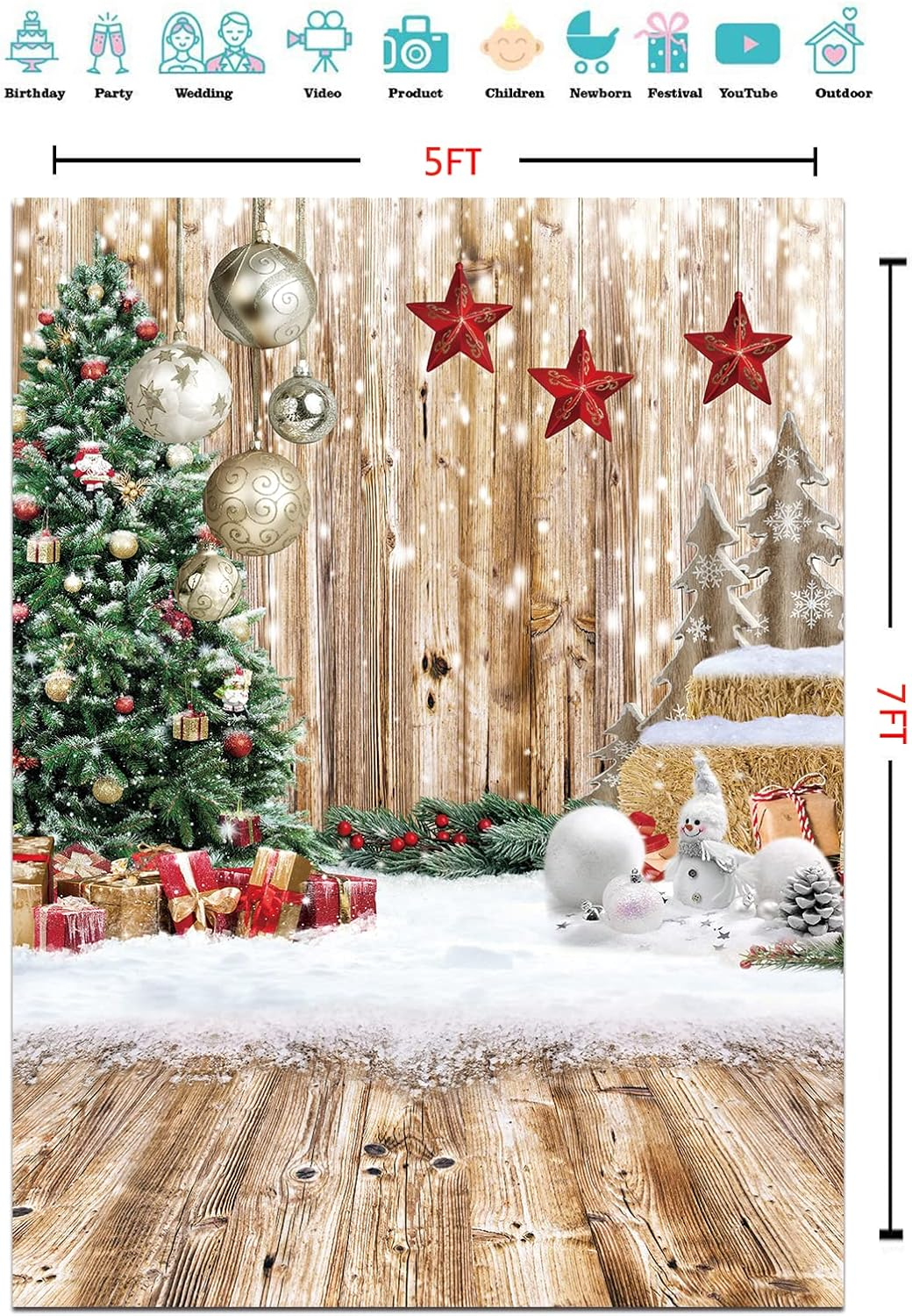 CYLYH 5X7FT Christmas Backdrop Rustic Wood Snow Backdrop Xmas Tree Gifts Background for Christmas Party Decoration Xmas Family Party Banner image number 4