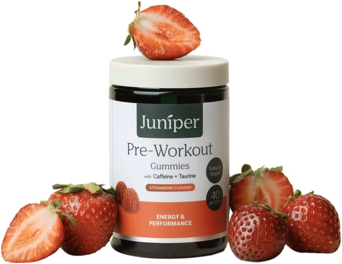Juniper Pre-Workout Gummies 40G Jar - Caffeine & Taurine Boost - Gluten Free, Vegan, Low Sugar - High Energy & Performance Chews - Ideal Pre Workout Supplement for Gym & Running