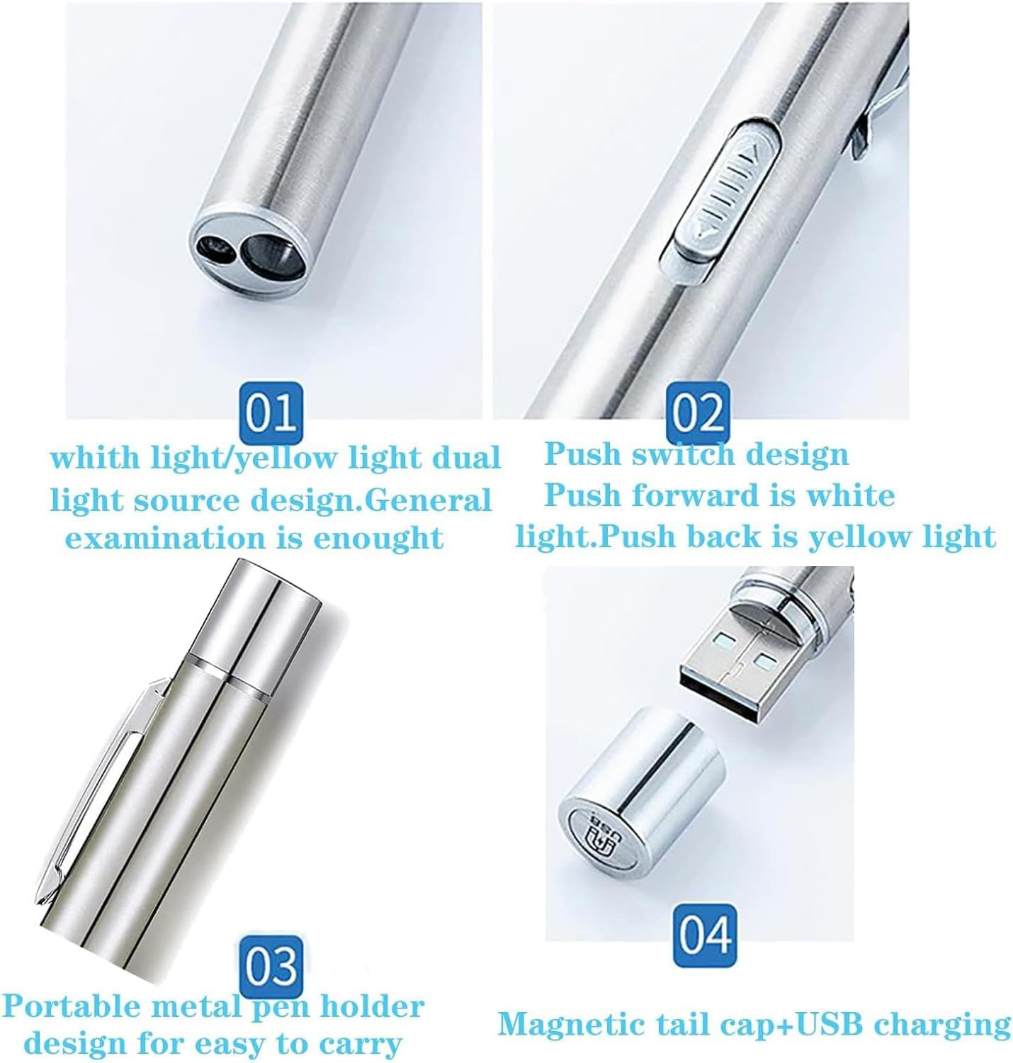 YUENTOEN Pen Light,Usb Rechargeable LED Flashlight with Pupil Gauge Stainless Steel Clip Dual Light Source for Home and Outdoor(Silver)