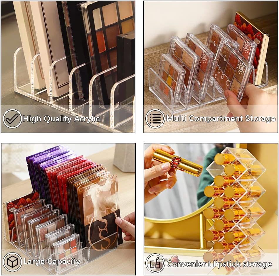 3Pcs Eyeshadow Palette Organizer, FHDUSRYO 7 Section Makeup Palette Organizer, 2 Acrylic Palette Organizer with 1 Lipstick Holder, Clear Palettes Storage Holder for Cosmetics Blush, Bathroom Vanity image number 5