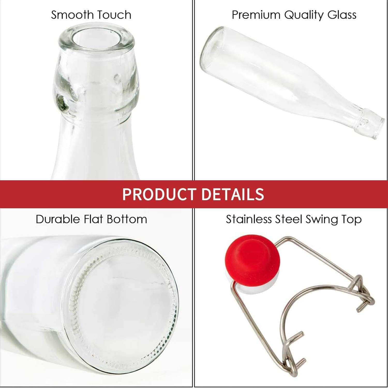 Starwood 32 Oz Clear Glass Bottles with Airtight Silicone Stopper &ndash; Set of 4 Reusable Bottles for Kombucha, Beer, Kefir, Fermentation, Home Brewing, Swing Top Leak-Proof Design image number 3