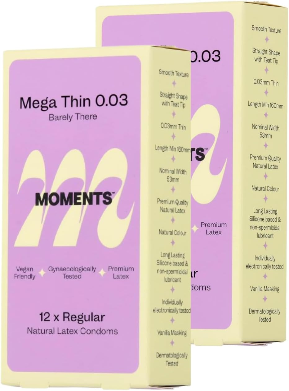 Moments Mega Thin 0.03 Condoms - 20% Thinner, Extra Lubricated, Premium Quality Natural Latex, Vegan, Gynaecologically & Dermatologically Tested (Pack of 2 (24 Counts)) image number 1