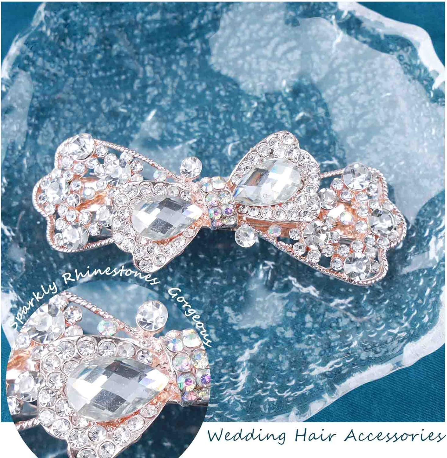 Tseenyi Crystal Bow Hair Clip Rhinestone Wedding Hair Clip Shiny Bridal Rhinestone Headwear Hair Clip Gold Crystal Women and Girls Gifts (Transparent Crystal)