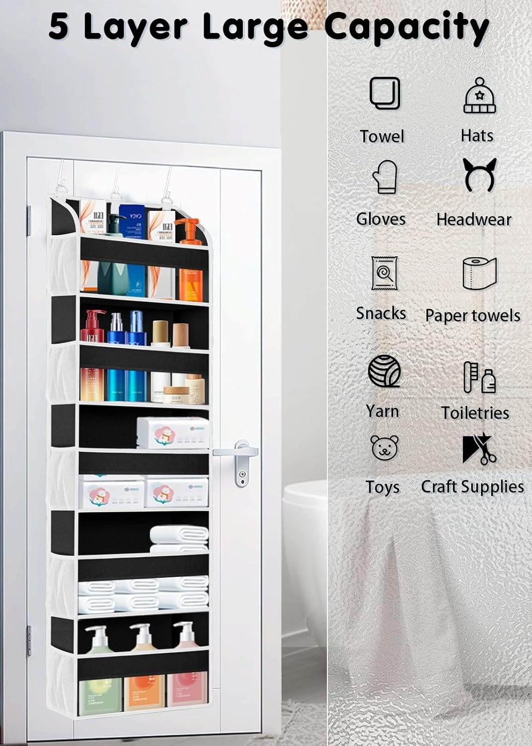 TAHAVICE 1 Pack over the Door Storage Organiser with 5 Pockets 10 Mesh Side Pockets, 44 Lbs Weight Capacity Door Hanging Organisers and Storage for Bedroom,Bathroom,Nursery,Dorm (D Black, 1 Pack) image number 6