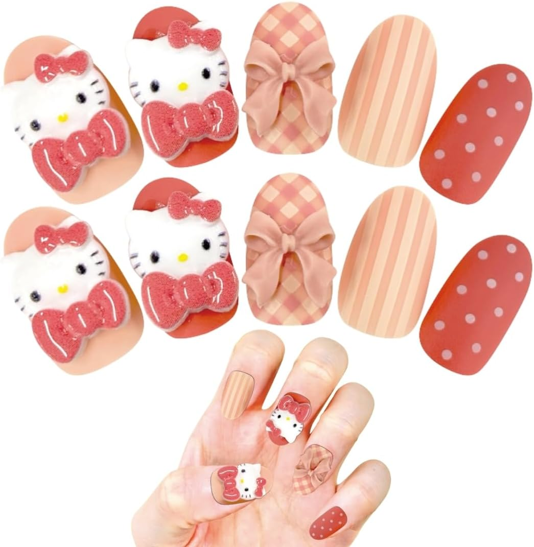 Sanrio Character Nail Tips, Hello Kitty, Leopard Pattern, Removable, 3D, Pack of 24, Short, Graduation, Stone, Nail Stickers, Stylish, Girls, Popular, Removable, Kids, Adults