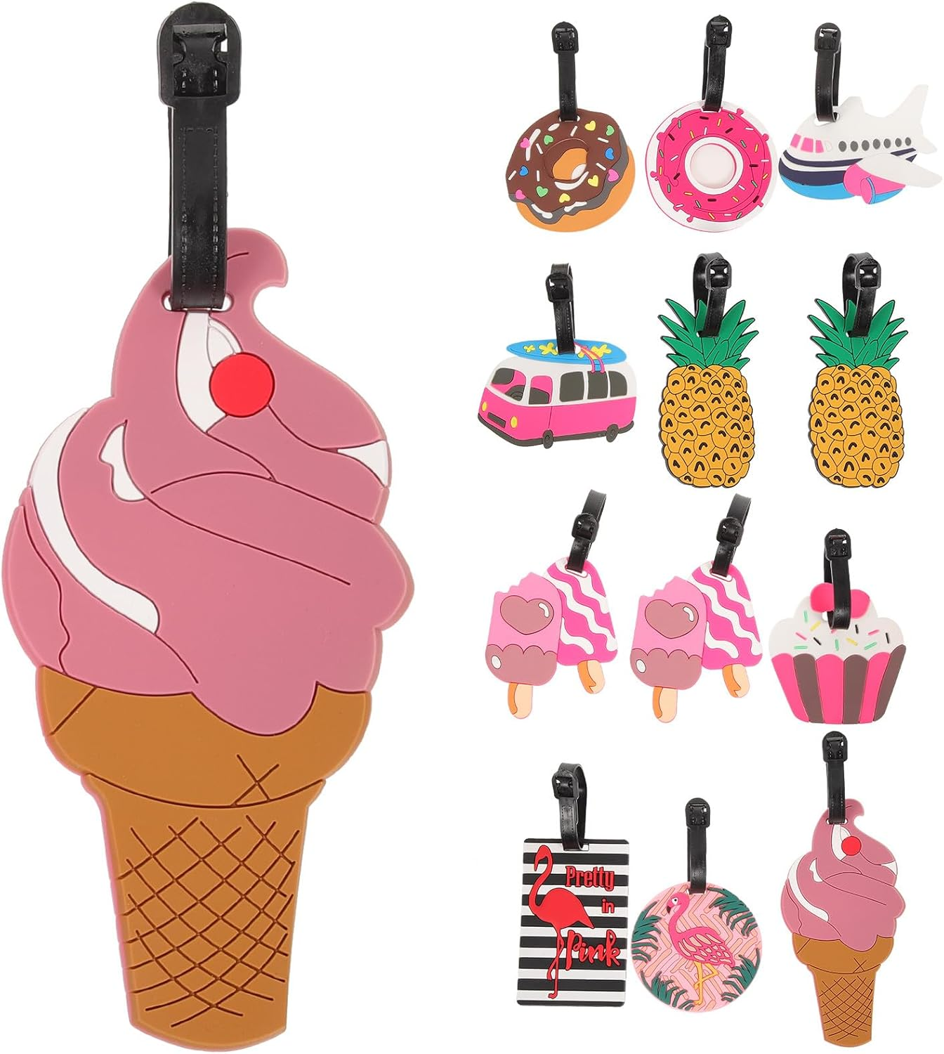 JOINPAYA 10Pcs Cartoon Luggage Tag Set with Flamingo Ice Cream Donut and Aircraft Motifs &ndash; Soft PVC Cute Suitcase Tags for Travel and Suitcases Fun Luggage for Women image number 3