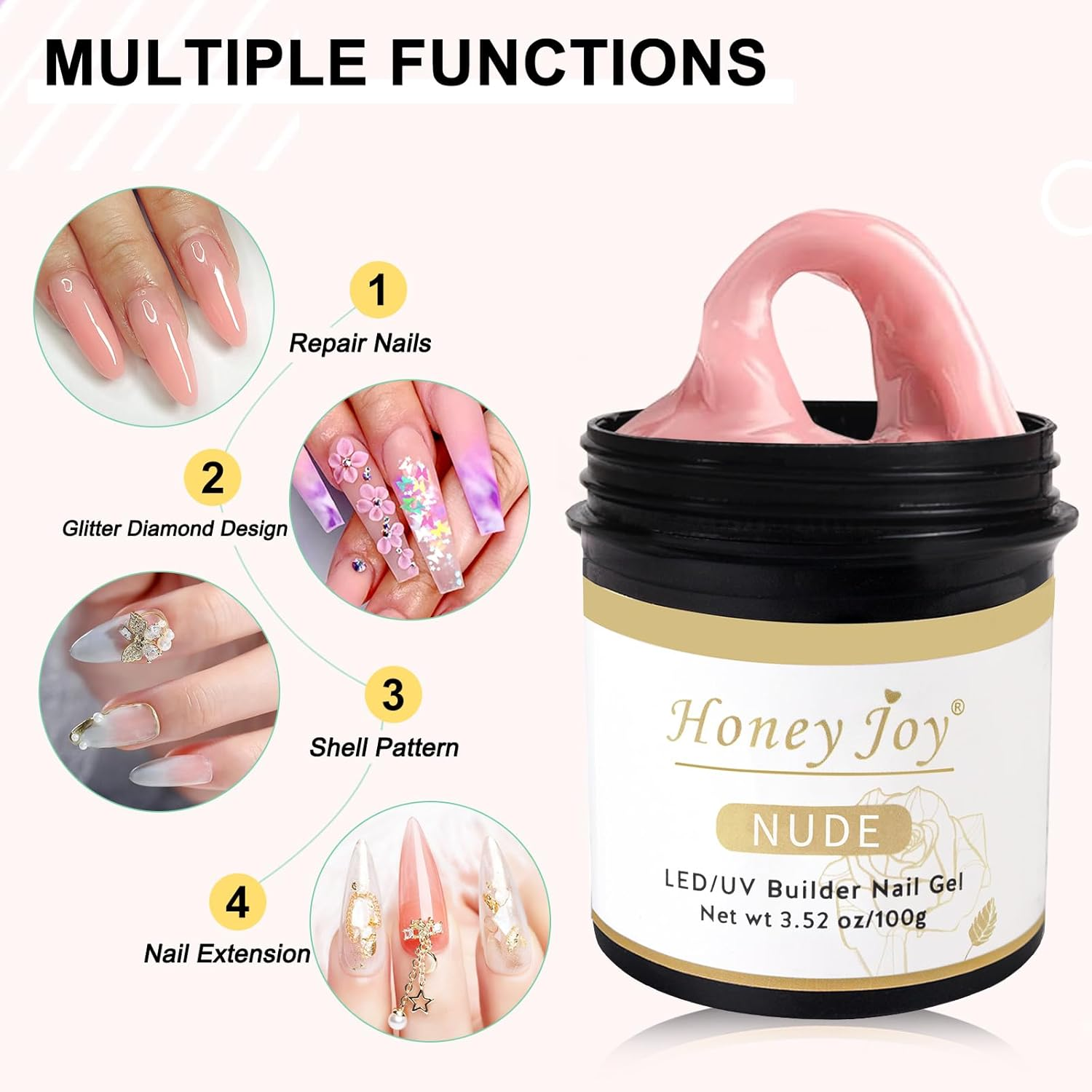 Builder Nail Gel - 100G/3.52Oz Clear Hard Gel Builder for Nails, Super Hard Nail Builder Gel Nail Extension Gel for Nail Strengthen DIY Nail Art Manicure (Hj-Gel005-Nude)