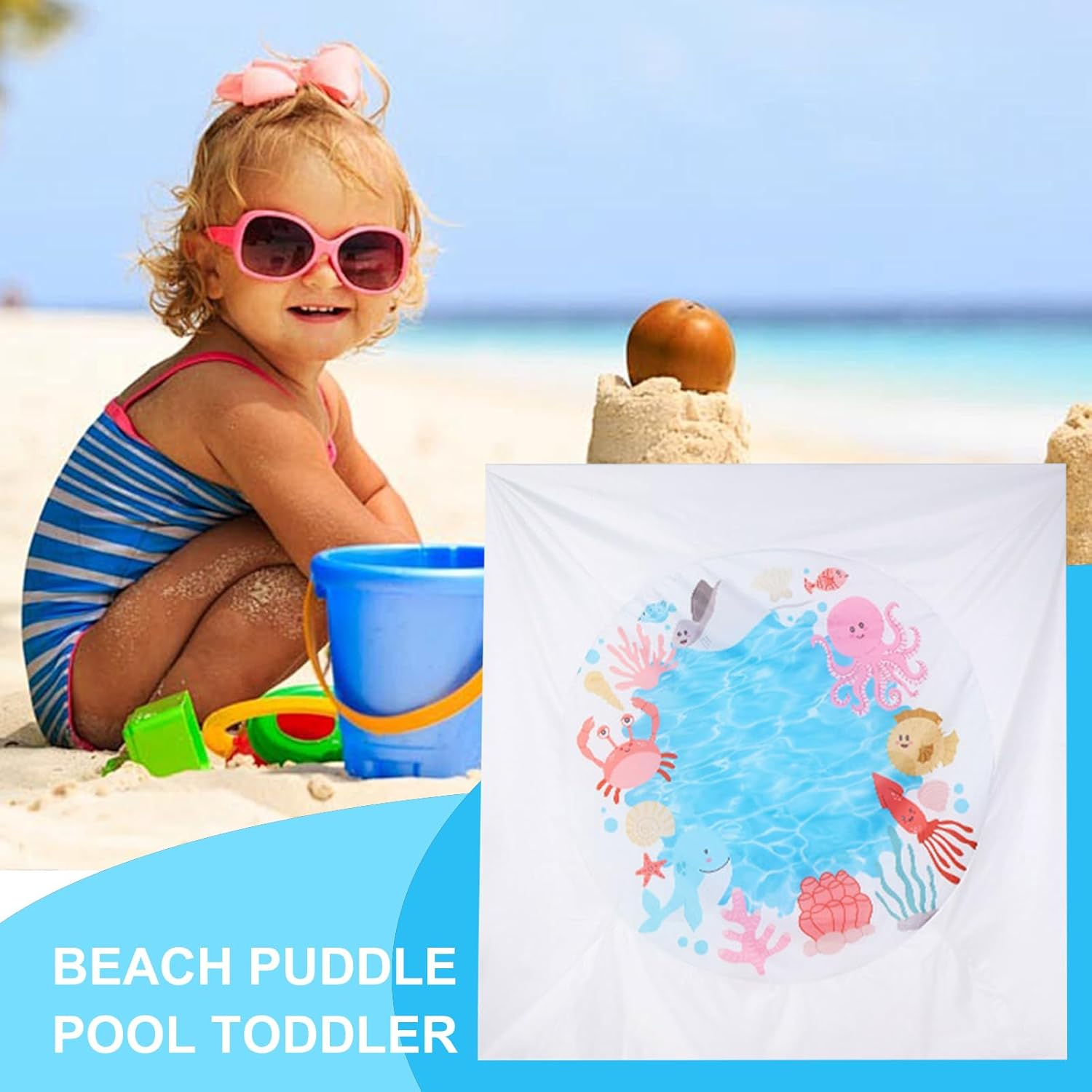 6.5 X 6.5 Ft Paddling Pool,Kiddie Pool and Beach Blanket,Sandproof Waterproof Folding 2 in 1 Beach Blanket,For Outdoor Picnic Vacation