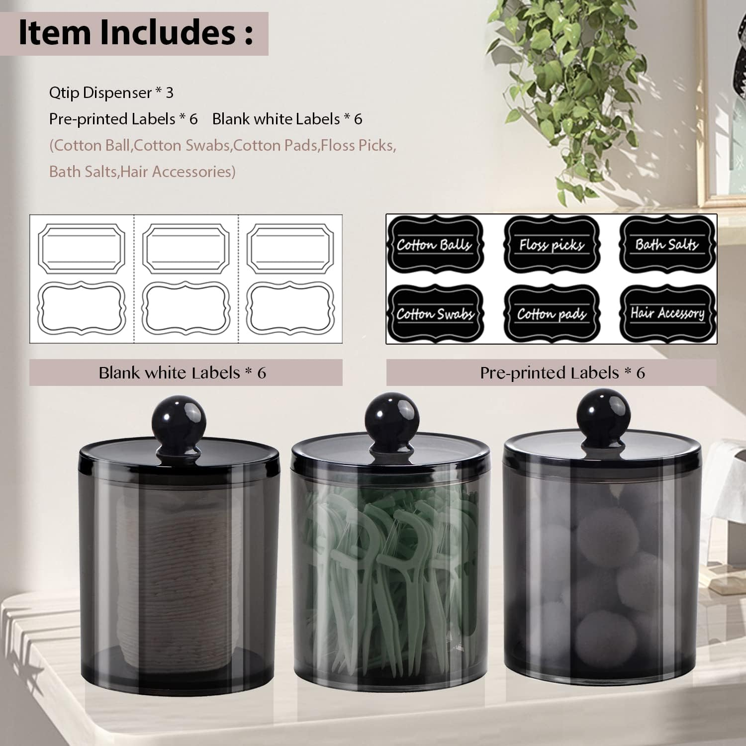 Sheechung 3 Pack Qtip Dispenser Apothecary Jars Bathroom with Labels 12 Oz Black Plastic Qtip Holder Storage Set image number 1