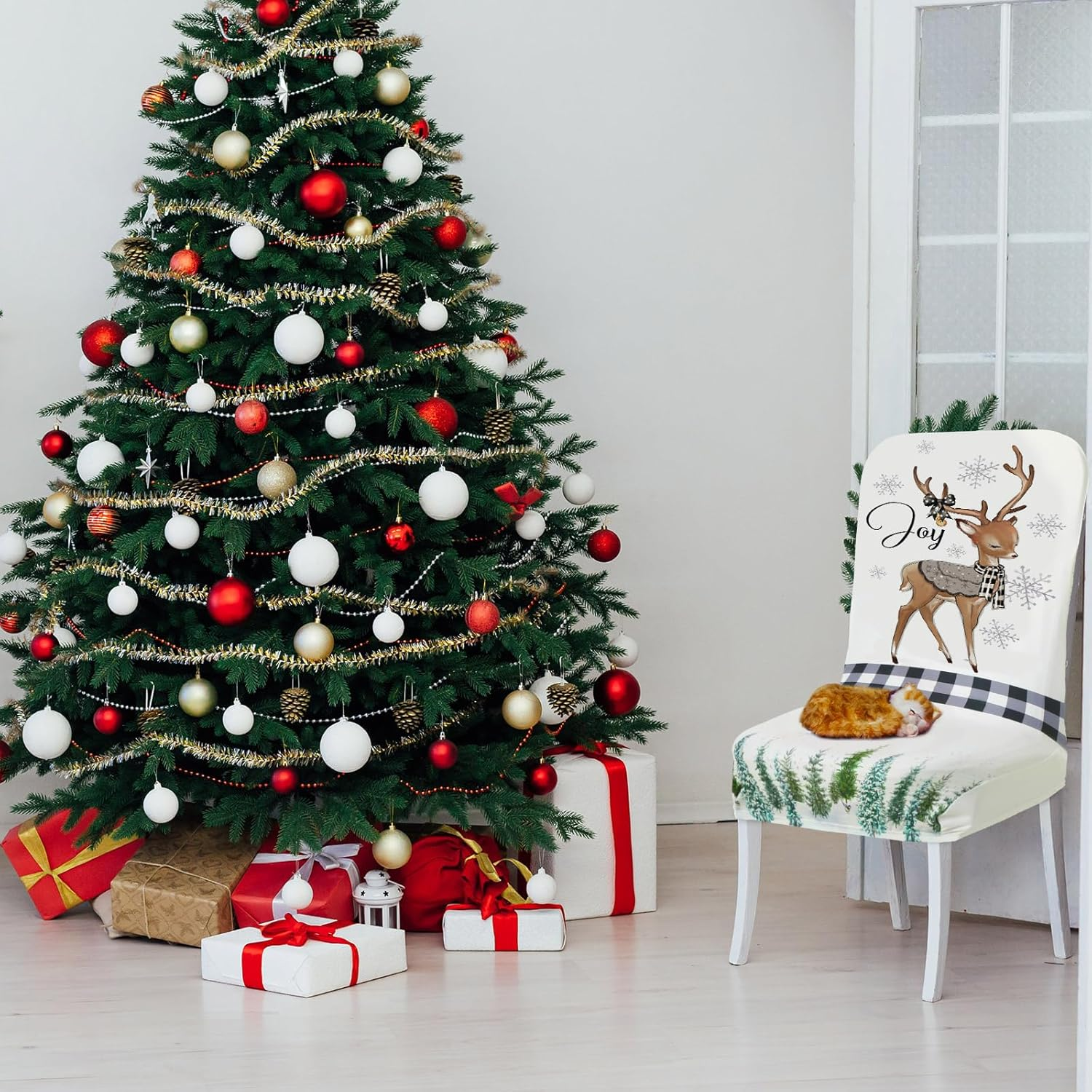 Preboun 6 Pcs Christmas Chair Covers Set Removable Washable Stretch Dining Room Slipcovers Parson Chair Protector for Christmas Home Ceremony Party Decoration, 3 Style(Plaid,White) - Red image number 2