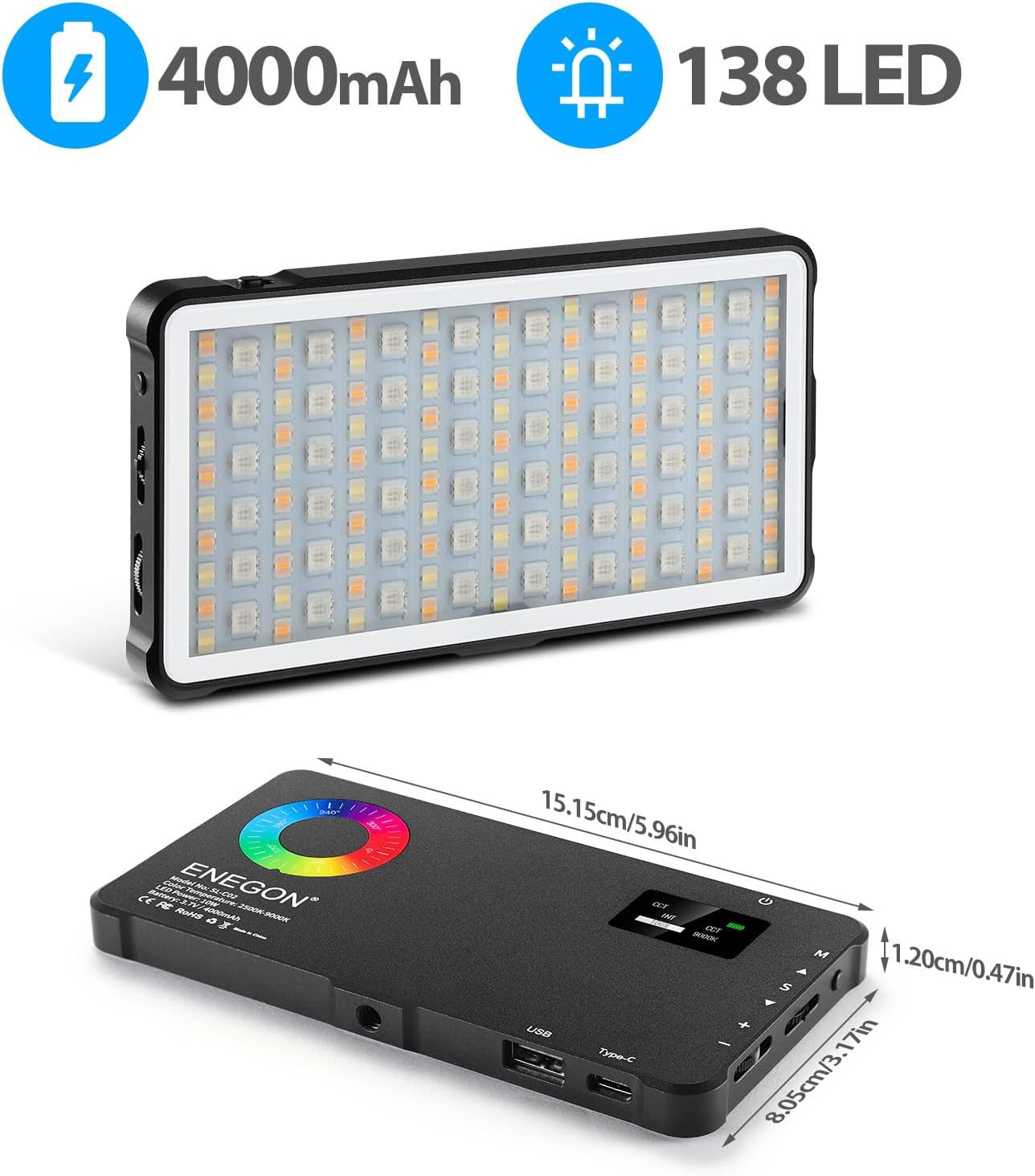 ENEGON RGB Video Light, 4000Mah Rechargeable Battery, Built-In LED Camera Light, Full Color, 24 Frequent Light Effects, CRI&ge;95 2500-9000K LED Video Light image number 6