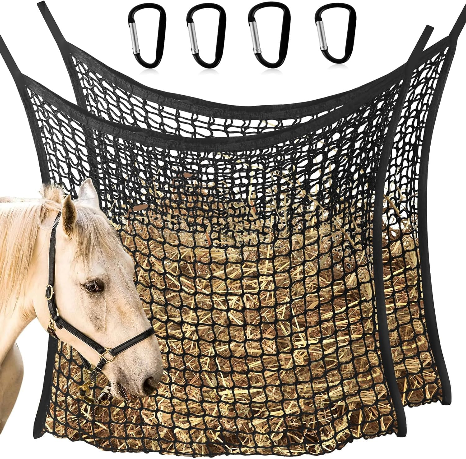 Hay Nets for Horses，2 Pieces of Knotless Slow Feeding Hay Nets with 4 Horse Hook Clips, Large Capacity Open Top Hanging Hay Bags for Horses(Black, 2PC) image number 4