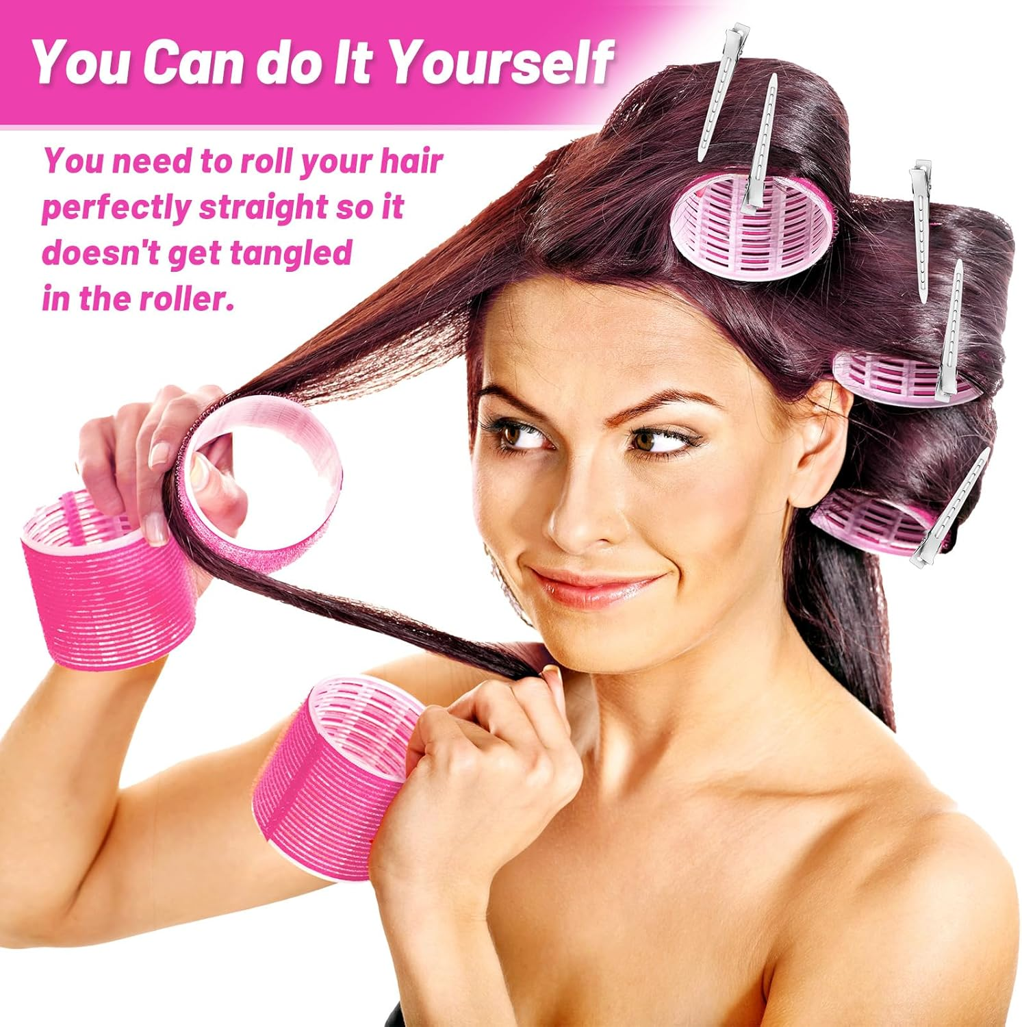 Jumbo Hair Curlers Rollers, 12Pcs 60Mm Jumbo Hair Roller Curlers Self Grip Holding Rollers with 12Pcs Hair Clips for Long Straight Thick Hair (Rose Red) image number 3