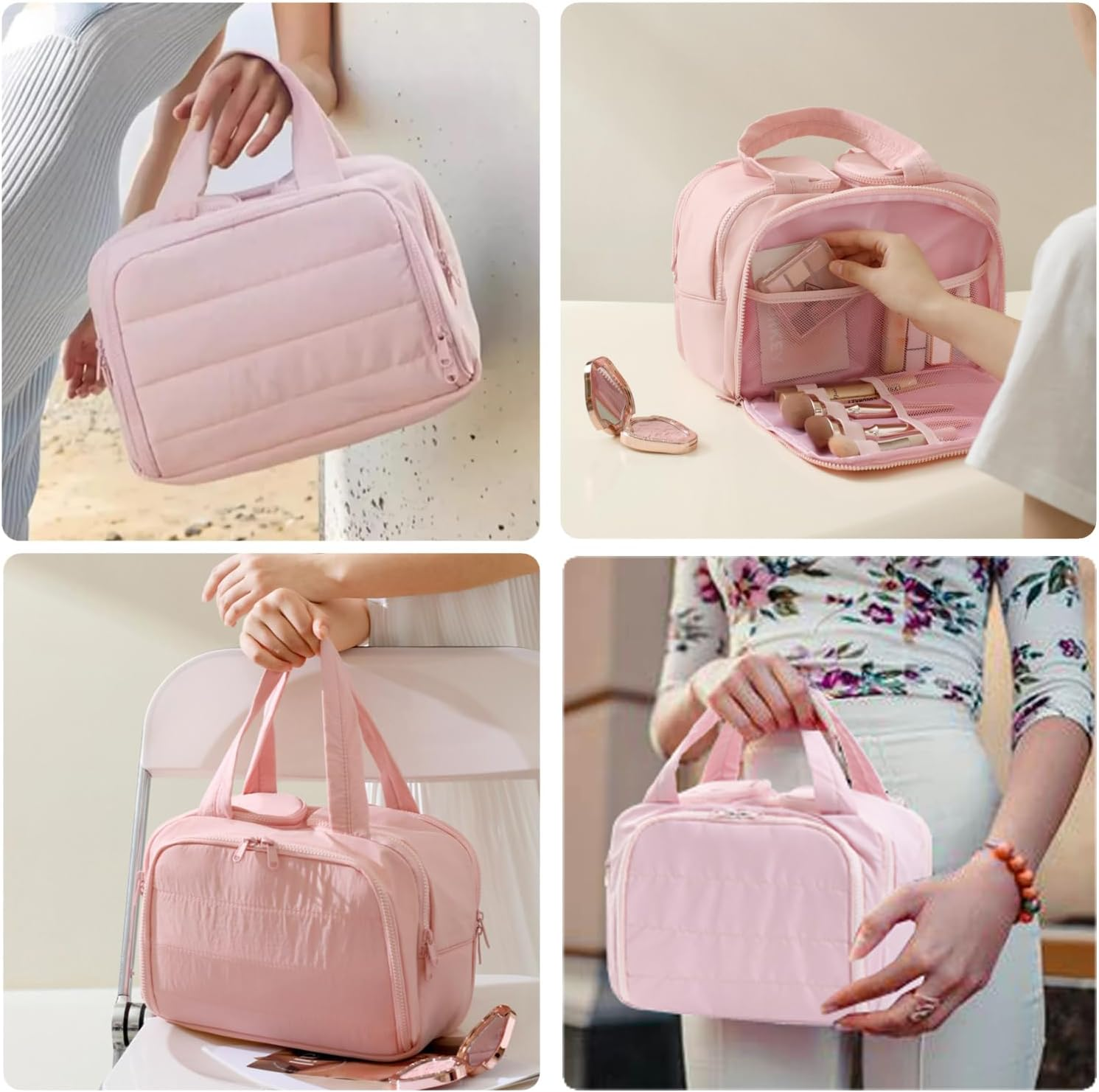 Travel Toiletry Bag, Puff Large Capacity Cosmetic Bag, Lightweight Wide Open Travel Bag for Women, Makeup Toiletry Bag Organizer with Handle for Accessories,Essentials. (Pink) image number 2