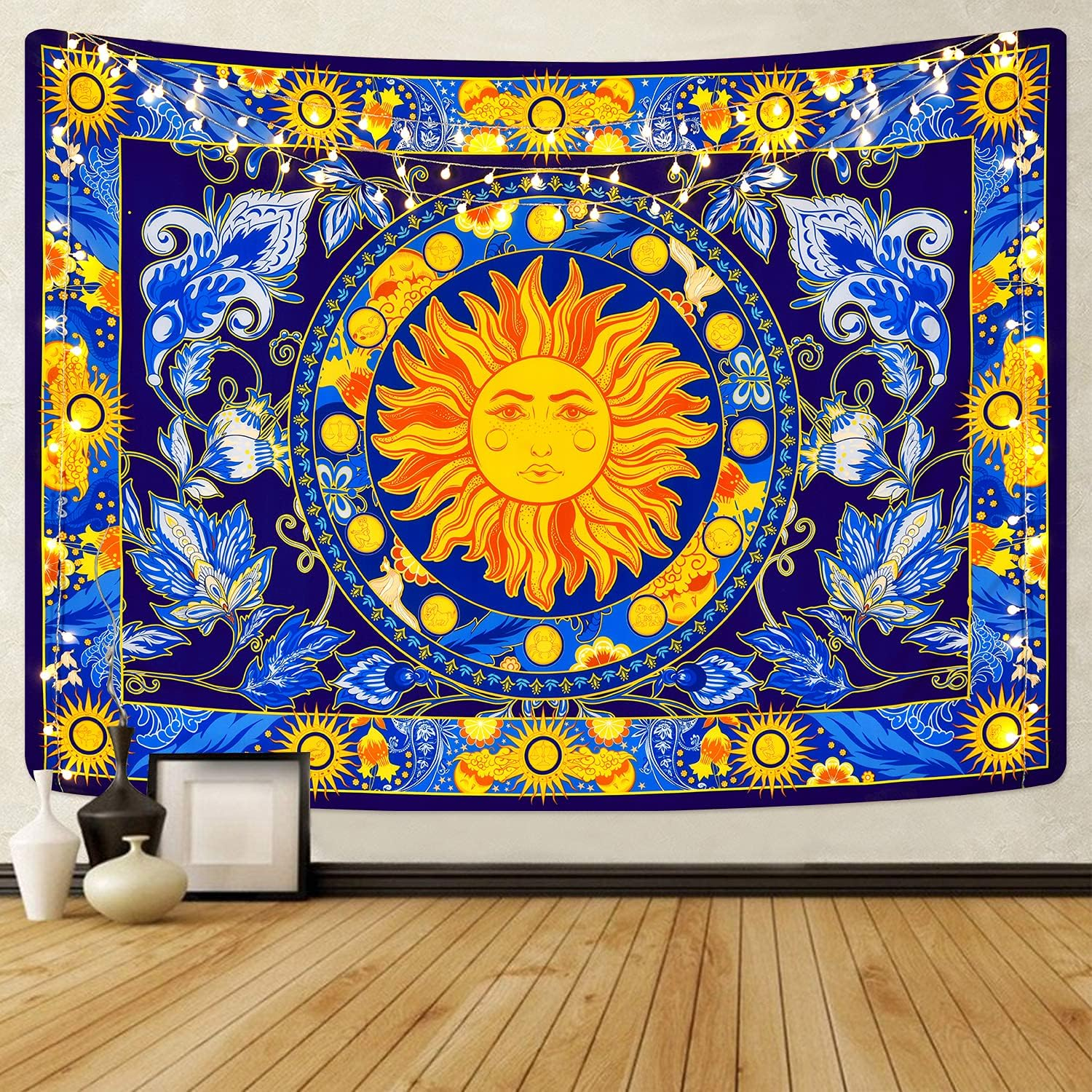 Lyacmy Burning Sun Tapestry with Flower Vines - Vintage Floral Mystic Hippie Wall Hanging for Room (Pale Cerulean, 51.2 X 59.1 Inches)