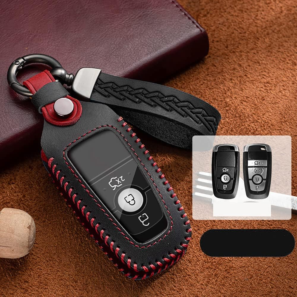 HIBEYO Leather Key Fob Cover for Ford F150 Explorer Mustang Fusion Edge Escape Mondeo Raptor F-250 F-350 F-450 F-550 Car Key