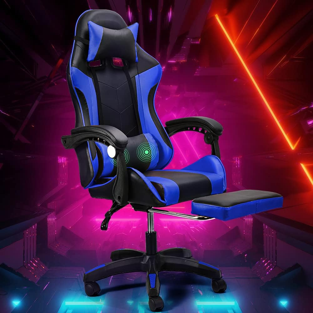 Furb Gaming Chair with 2-Point Massage Lumbar Cushion and Footrest, Ergonomic Executive Office Chair PU Leather Computer Chair with Adjustable Headrest and 135&deg;Recline, Black+Blue image number 6