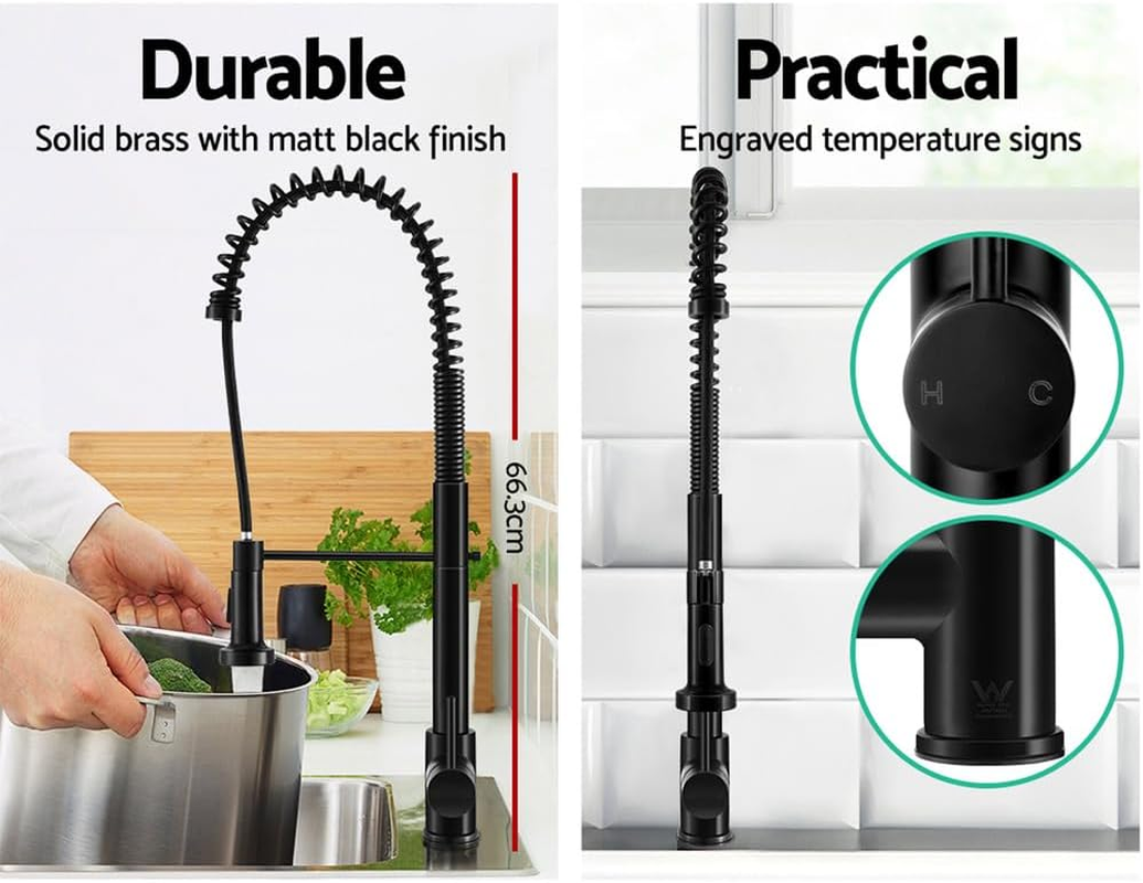 Cefito Kitchen Tap, 360&deg; Gooseneck Sink Mixer Taps Pull Out Spray Head Rotating Faucet Water Aerator Extender for Home Bathroom Laundry, Brass Body Hot and Cold Switch Retractable 120Cm Length Black image number 5