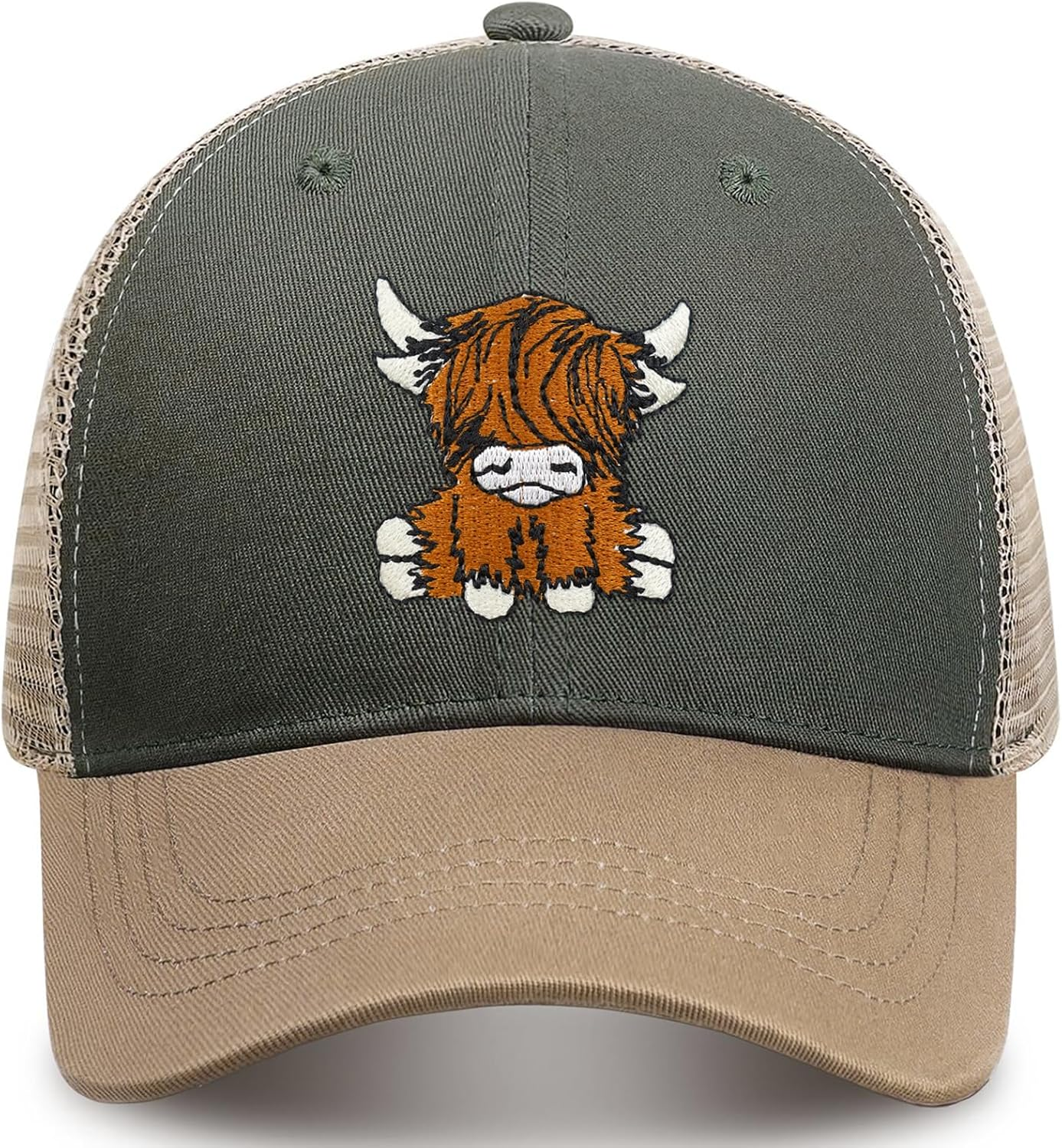 Gswirmchsq Scottish Highland Cow Hat, Cute Embroidery Mesh Baseball Cap Trucker Hats Highland Cow Gifts for Women Men