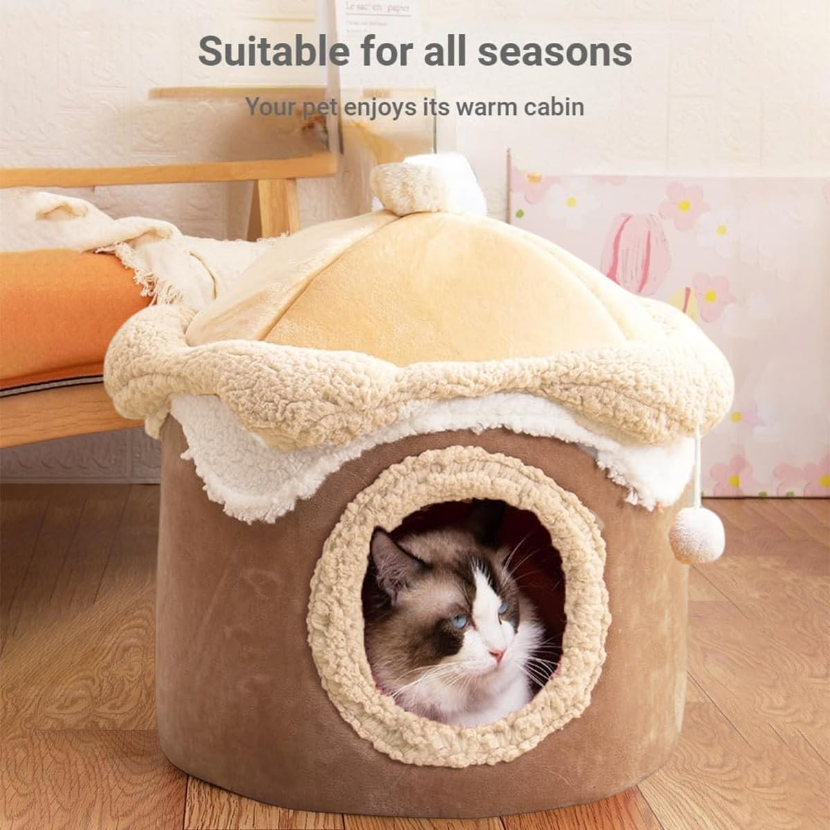 AIMALL Ice Cream Shape Cat Bed Winter Warm Plush Kennel for Cats and Small Dogs, Cute Indoor Felt Pet House with Pom Toy, 15.74In or 18.89In &ndash; Brown image number 6