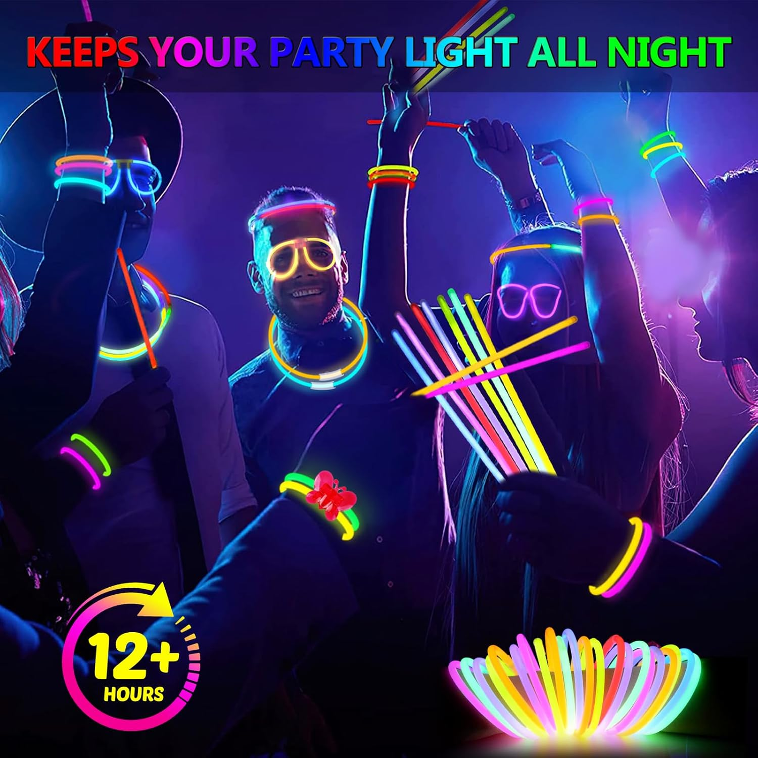 BUDI 467Pcs Cool Light up Toys Glow Party Favours for Kids/Adults: 200 Glowsticks Party Packs 7 Colours+ Connectors for Necklace, Flower Balls, Luminous Glasses and Triple/Butterfly Bracelets image number 1