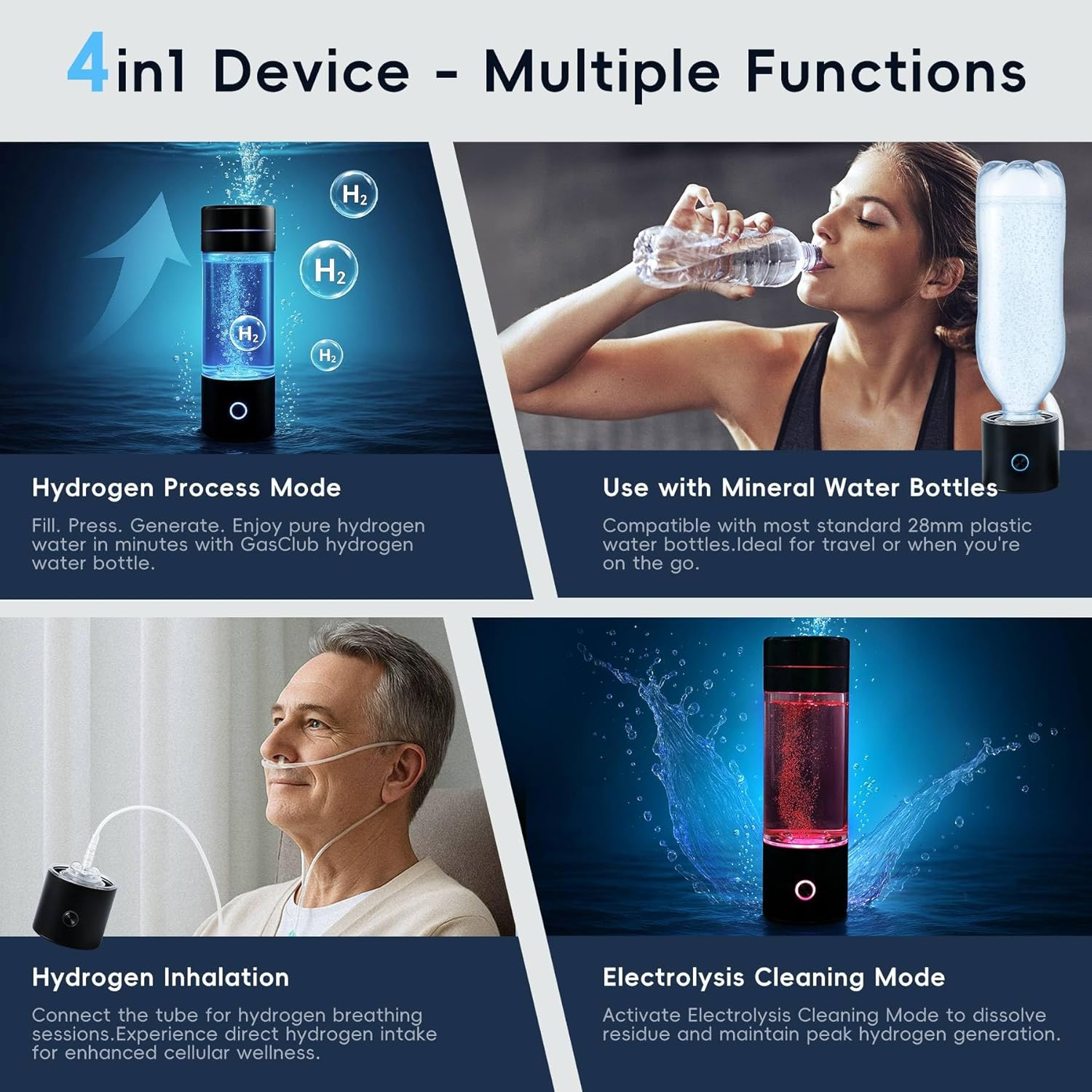 Gasclub Hydrogen Water Bottle Generator, 3000 PPB Portable Hydrogen Water Machine with SPE/PEM Technology, Rechargeable Hydrogen Water Ionizer Machine for Home, Office, Gift image number 2