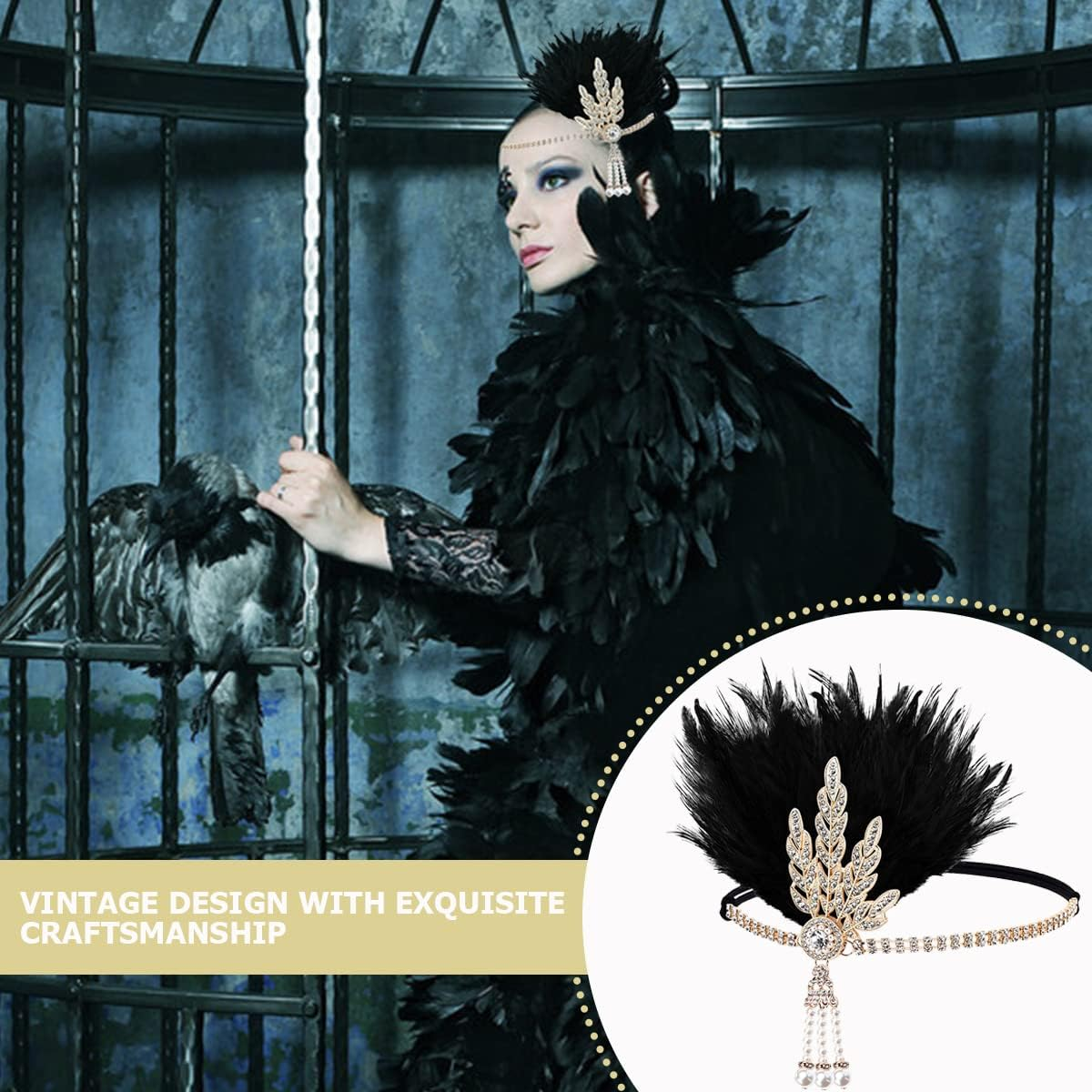 FERCAISH 1920S Flapper Headband, Roaring 20S Black Crystal Headband Bachelor Party Headband, Great Hair Accessories for Women - Gold image number 2