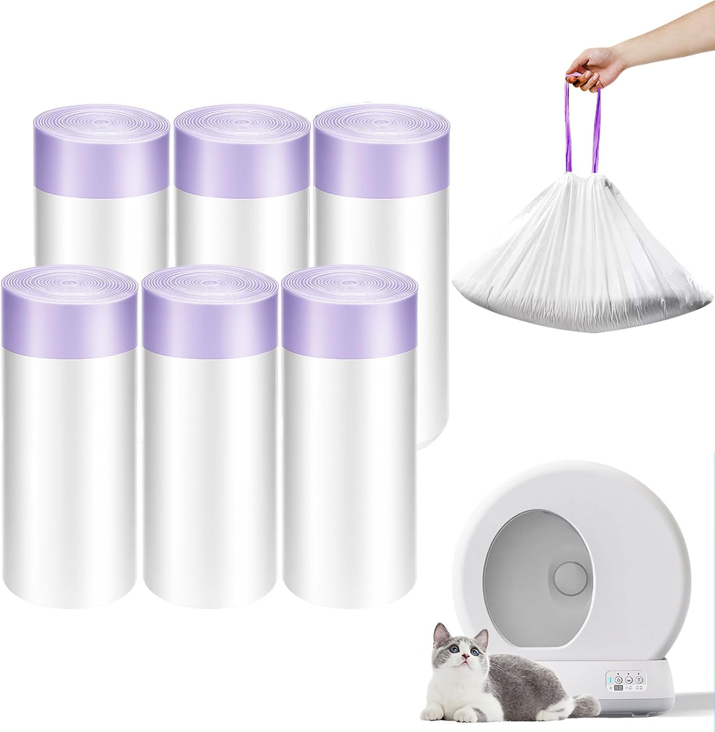 90 Pack Drawstring Cat Litter Box Liners 26" X 16" Disposable Litter Pan Liner Bags with Drawstring for Pet Cat Litter Automatic Cat Litter Box Waste Bags Compatible with Litter Robot 3 and 4 image number 5